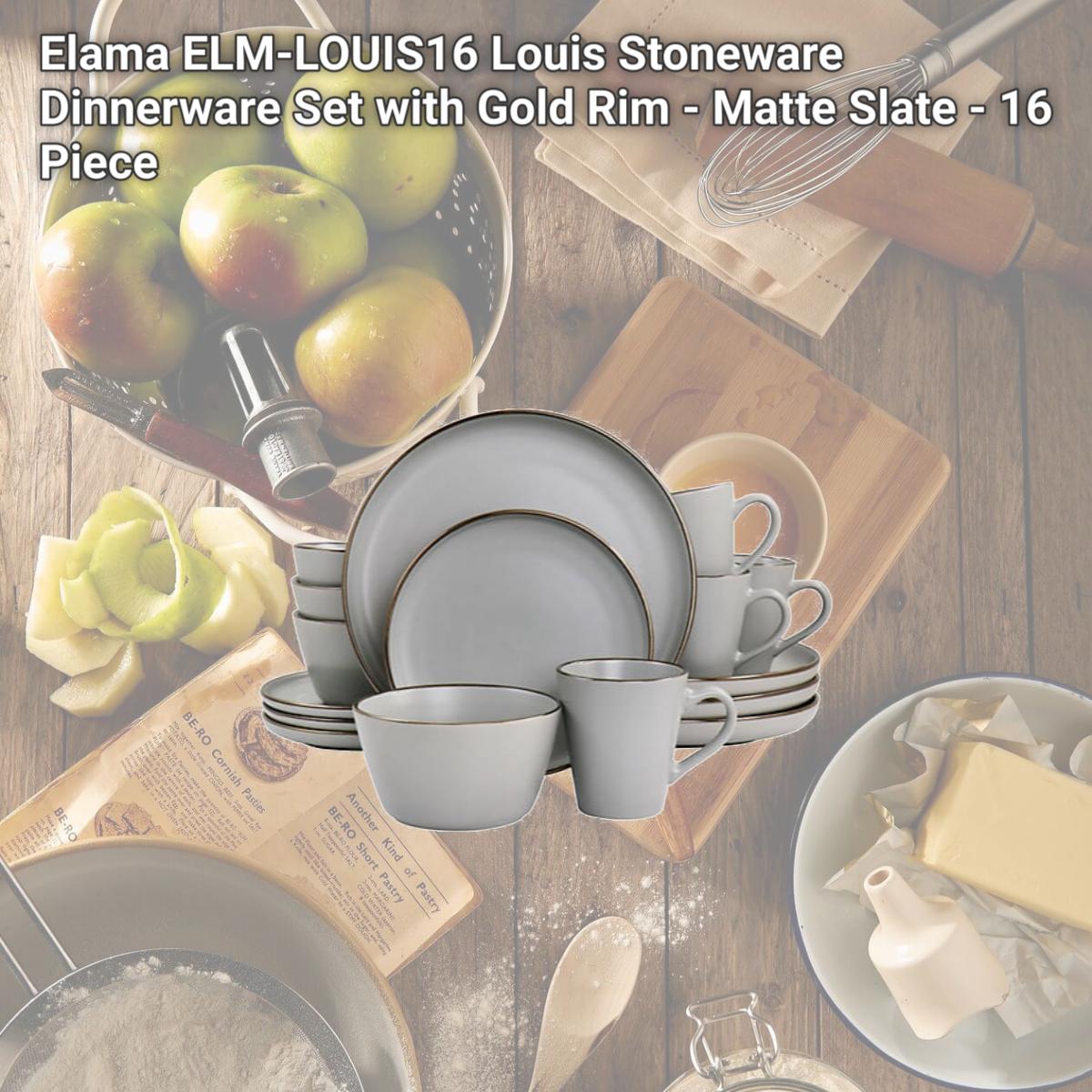 Picture of Elama ELM-LOUIS16 Louis Stoneware Dinnerware Set with Gold Rim - Matte Slate - 16 Piece