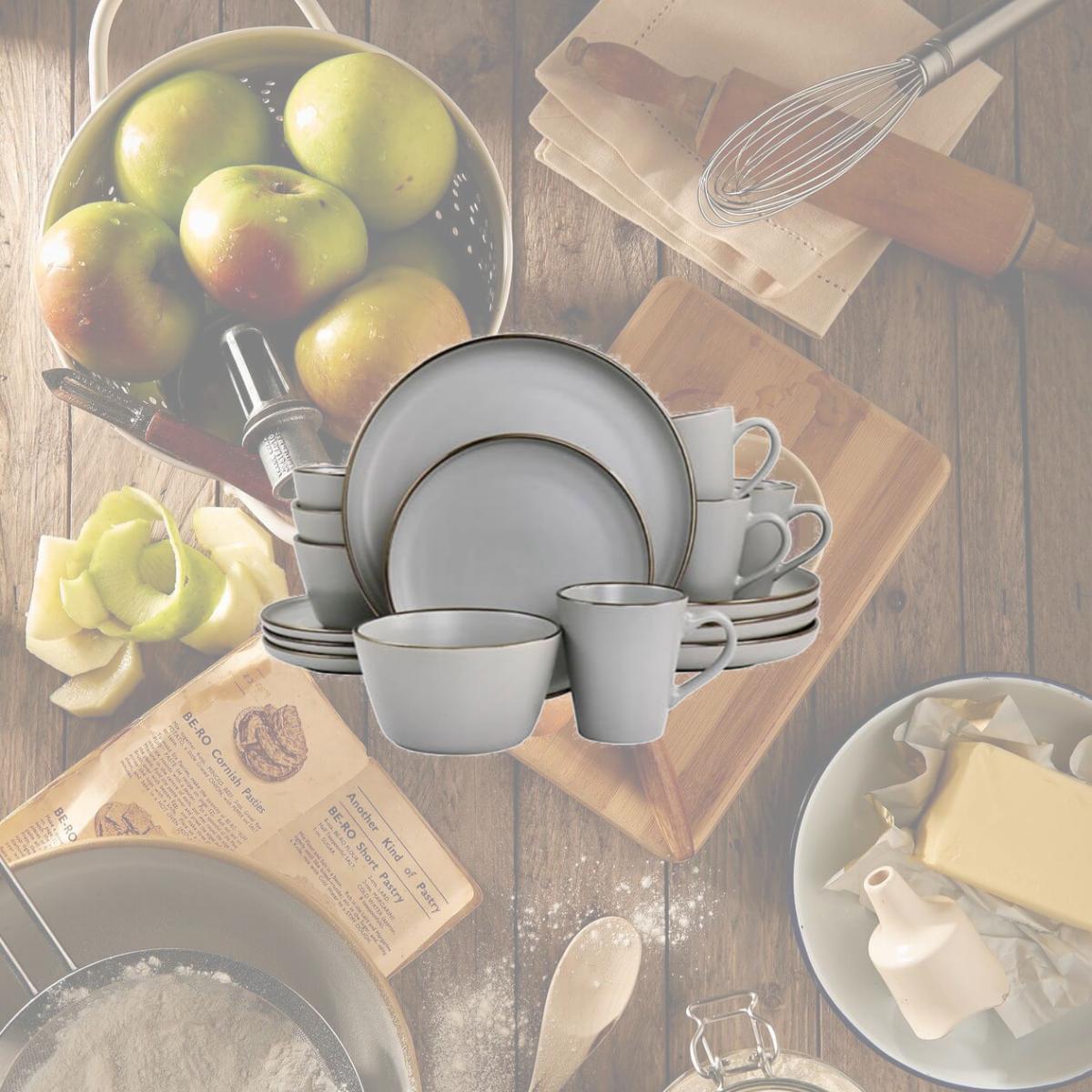 Picture of Elama ELM-LOUIS16 Louis Stoneware Dinnerware Set with Gold Rim - Matte Slate - 16 Piece