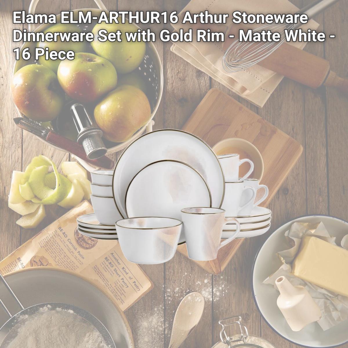 Picture of Elama ELM-ARTHUR16 Arthur Stoneware Dinnerware Set with Gold Rim - Matte White - 16 Piece