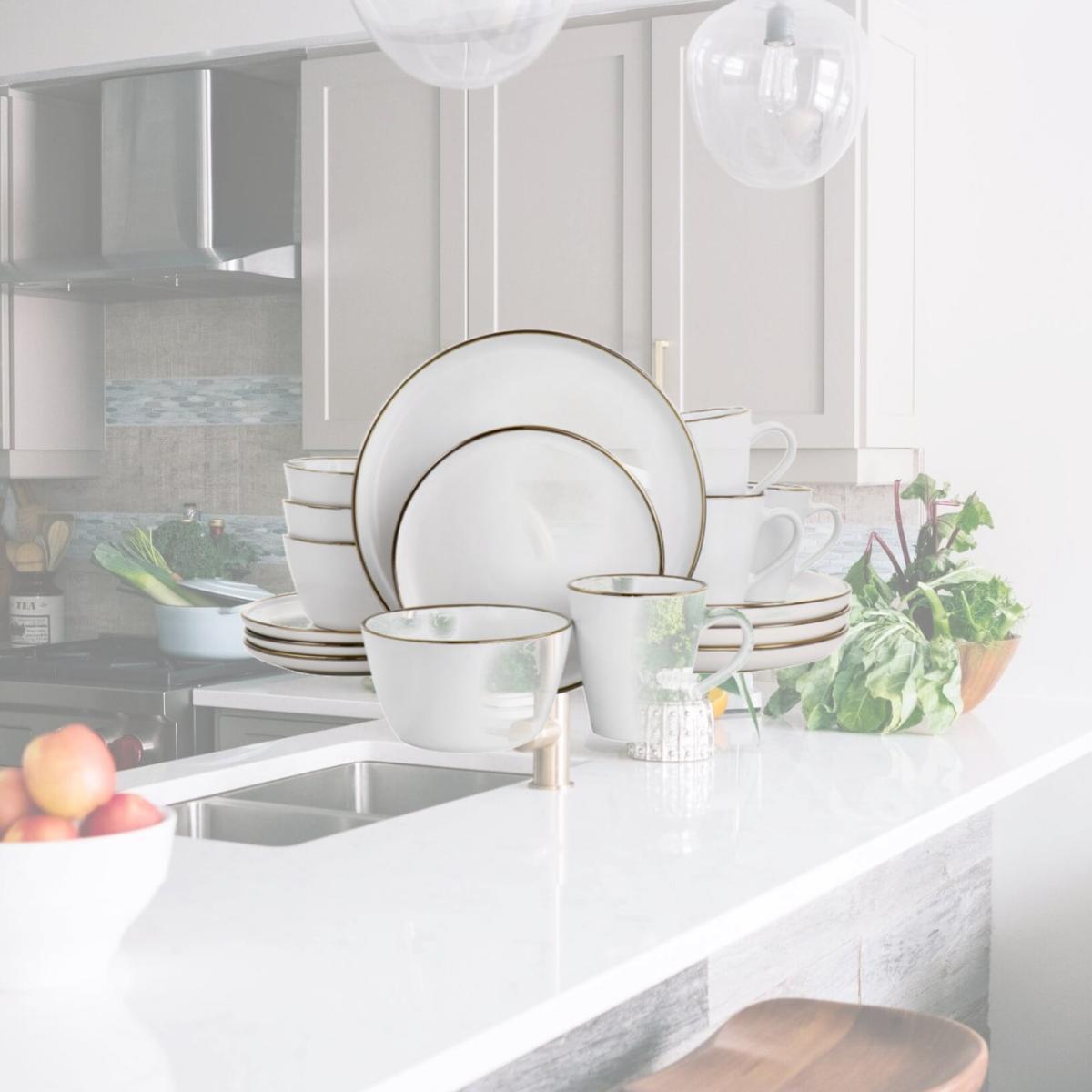 Picture of Elama ELM-ARTHUR16 Arthur Stoneware Dinnerware Set with Gold Rim - Matte White - 16 Piece
