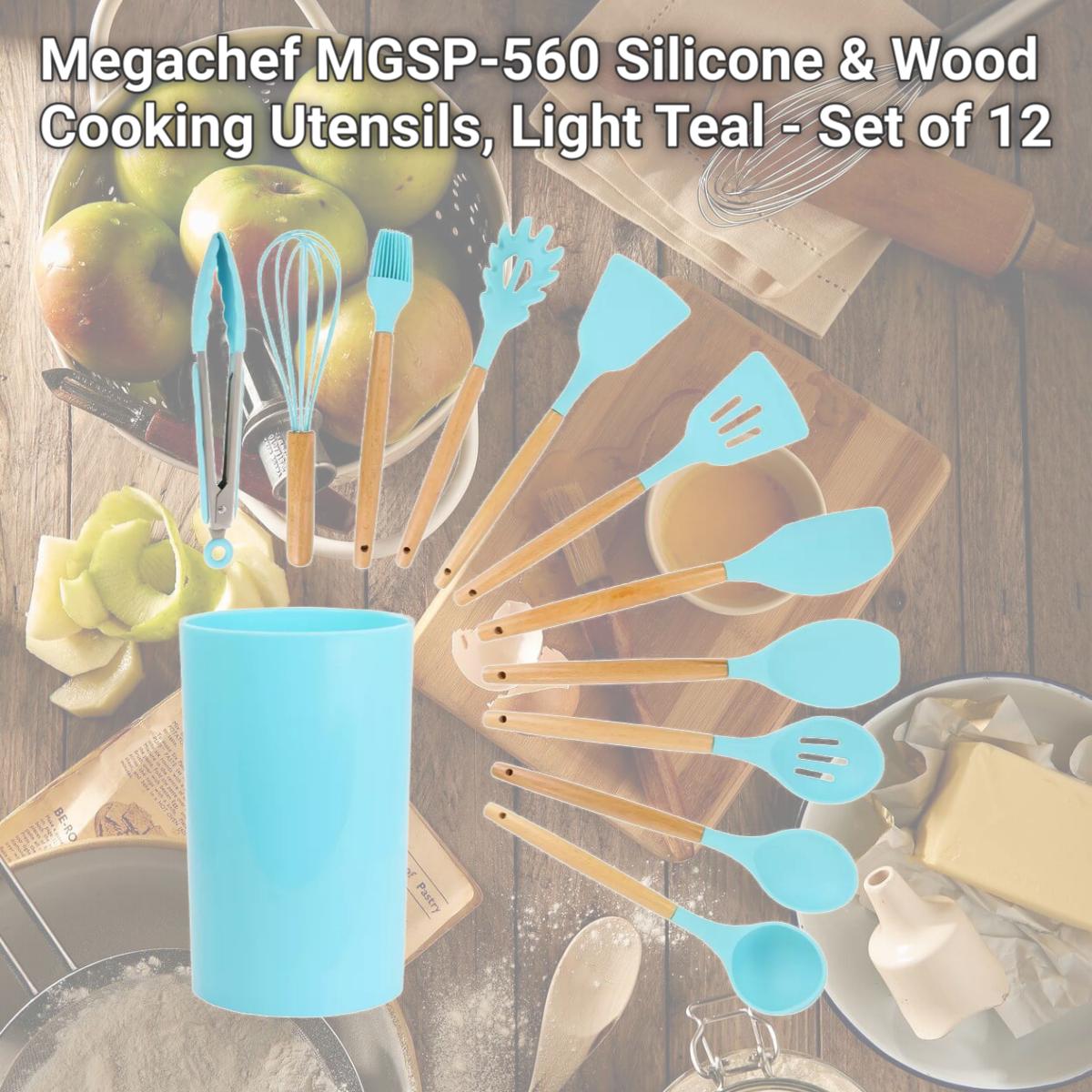 Picture of Megachef MGSP-560 Silicone & Wood Cooking Utensils, Light Teal - Set of 12