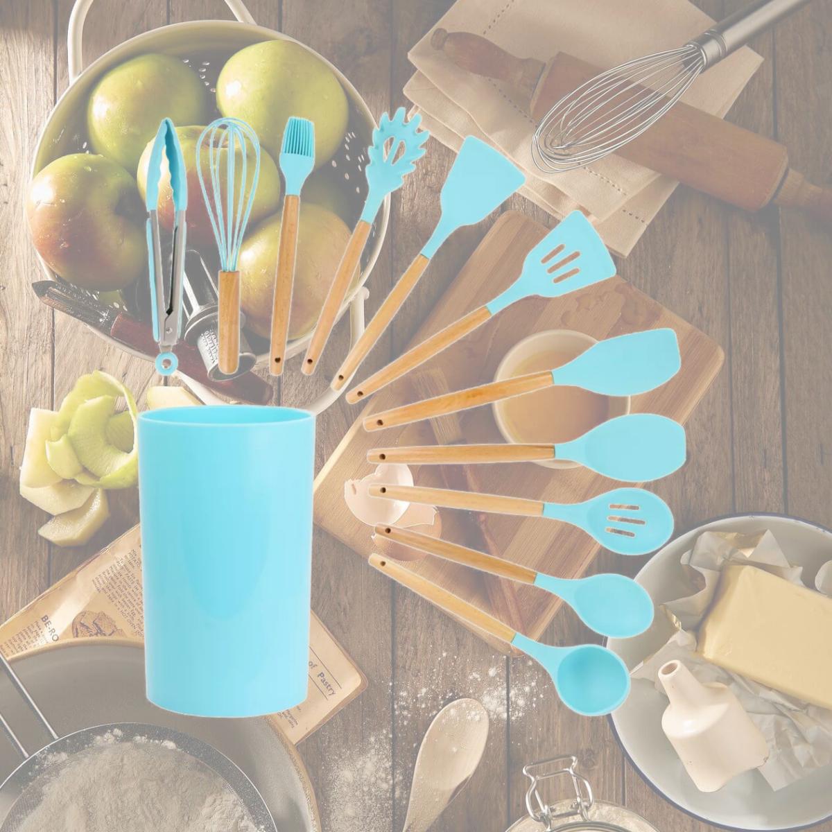 Picture of Megachef MGSP-560 Silicone & Wood Cooking Utensils, Light Teal - Set of 12