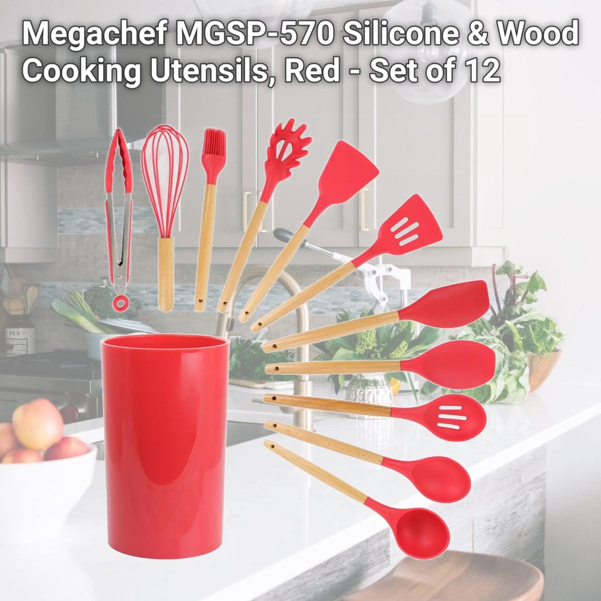 Picture of Megachef MGSP-570 Silicone & Wood Cooking Utensils, Red - Set of 12