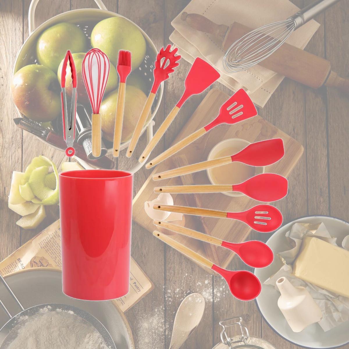 Picture of Megachef MGSP-570 Silicone & Wood Cooking Utensils, Red - Set of 12