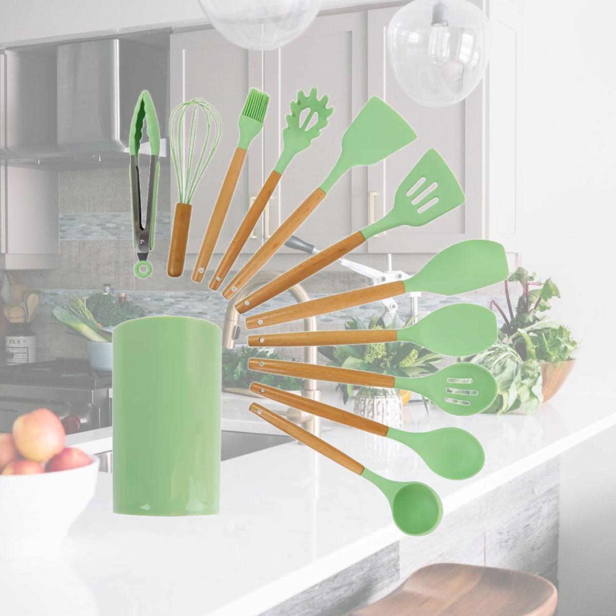Picture of Megachef MGSP-540 Silicone & Wood Cooking Utensils, Mint Green - Set of 12