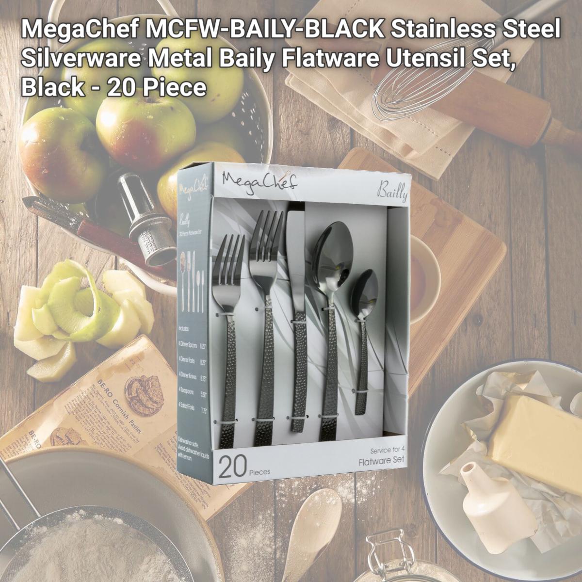 Picture of MegaChef MCFW-BAILY-BLACK Stainless Steel Silverware Metal Baily Flatware Utensil Set, Black - 20 Piece