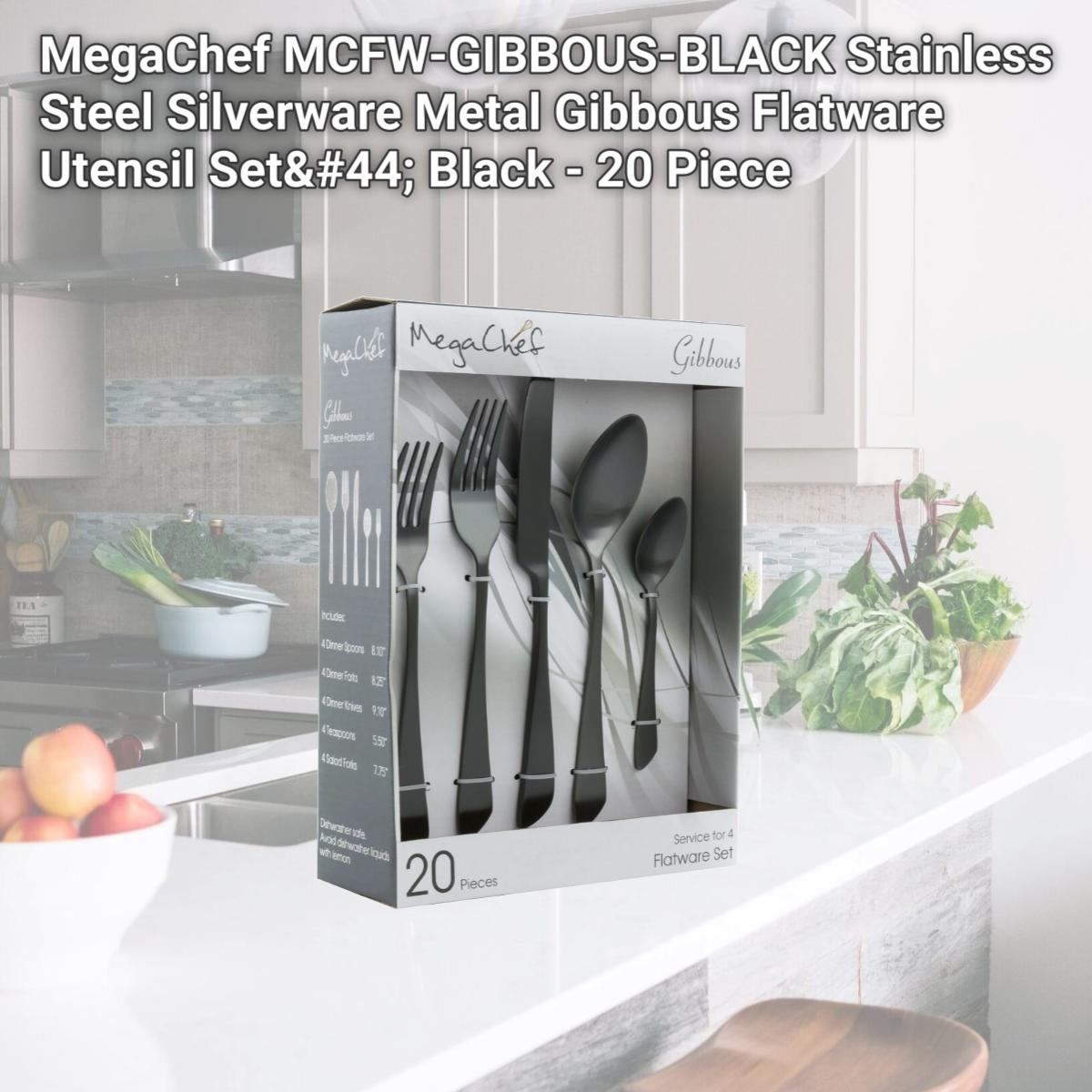 Picture of MegaChef MCFW-GIBBOUS-BLACK Stainless Steel Silverware Metal Gibbous Flatware Utensil Set, Black - 20 Piece