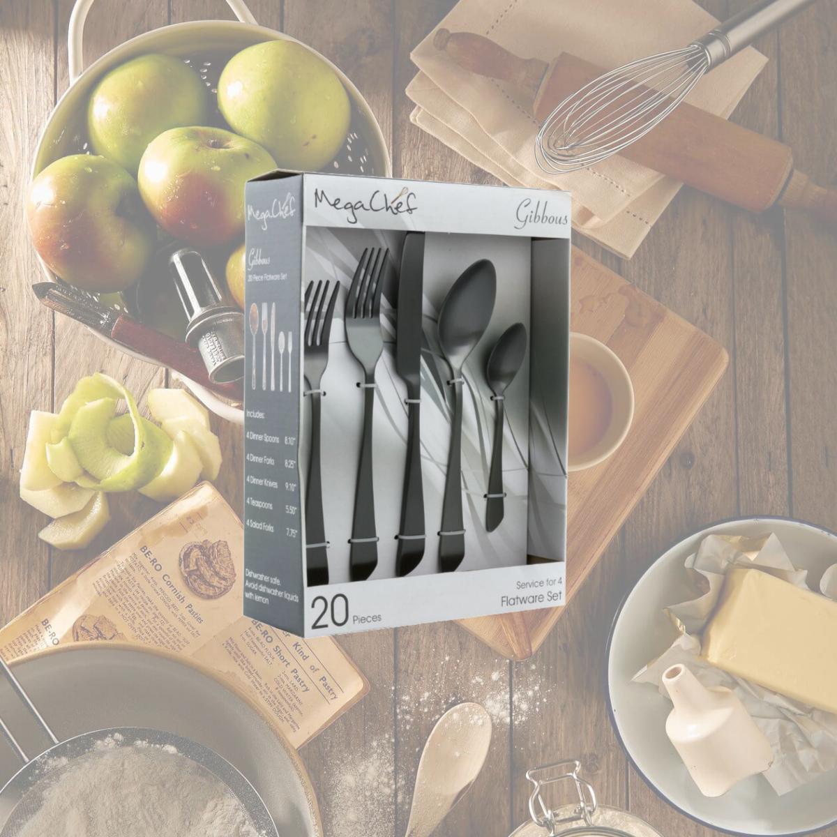 Picture of MegaChef MCFW-GIBBOUS-BLACK Stainless Steel Silverware Metal Gibbous Flatware Utensil Set, Black - 20 Piece