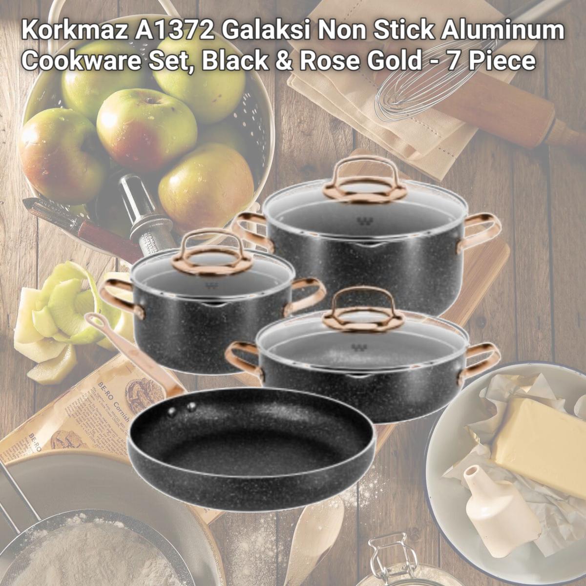 Picture of Korkmaz A1372 Galaksi Non Stick Aluminum Cookware Set, Black & Rose Gold - 7 Piece
