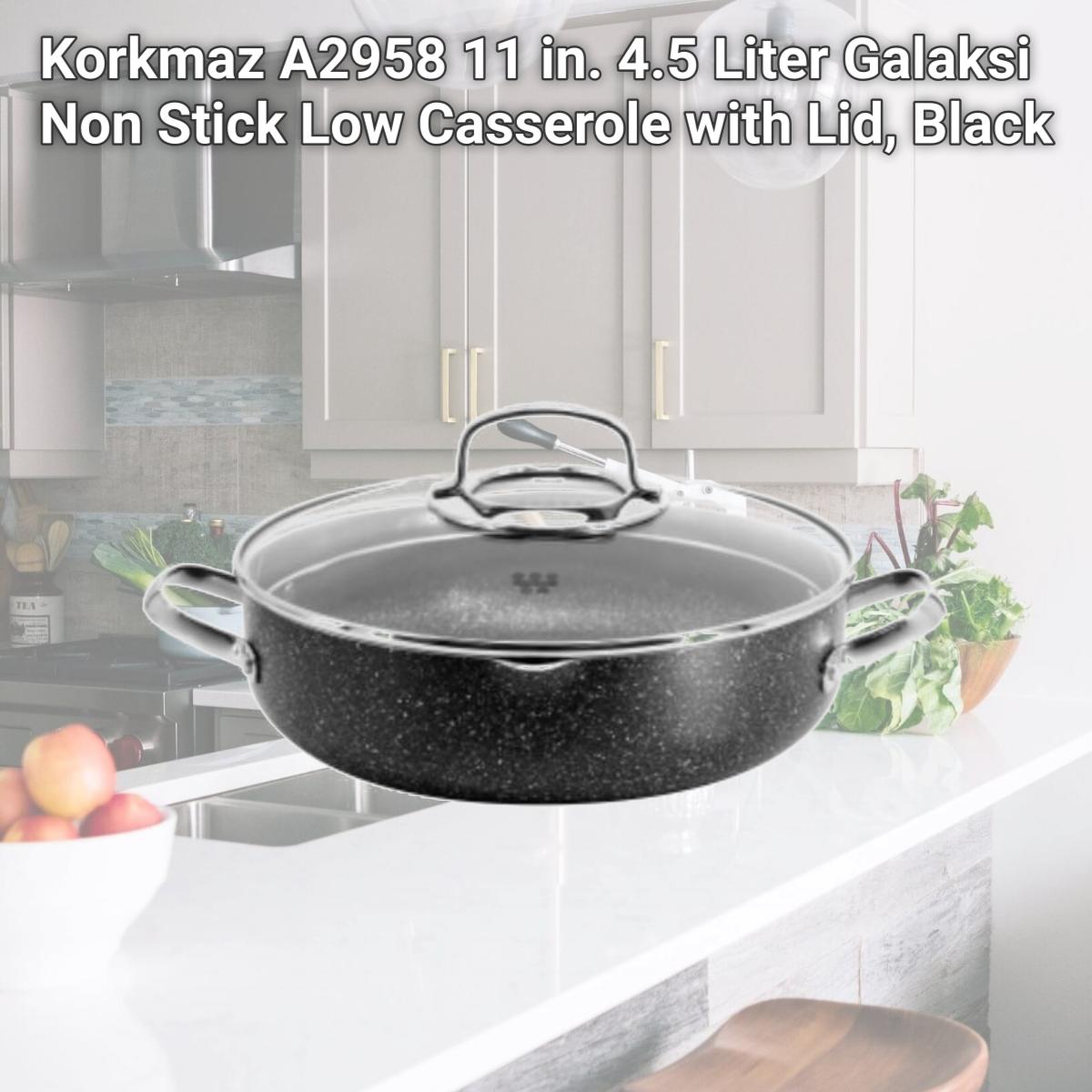 Picture of Korkmaz A2958 11 in. 4.5 Liter Galaksi Non Stick Low Casserole with Lid, Black