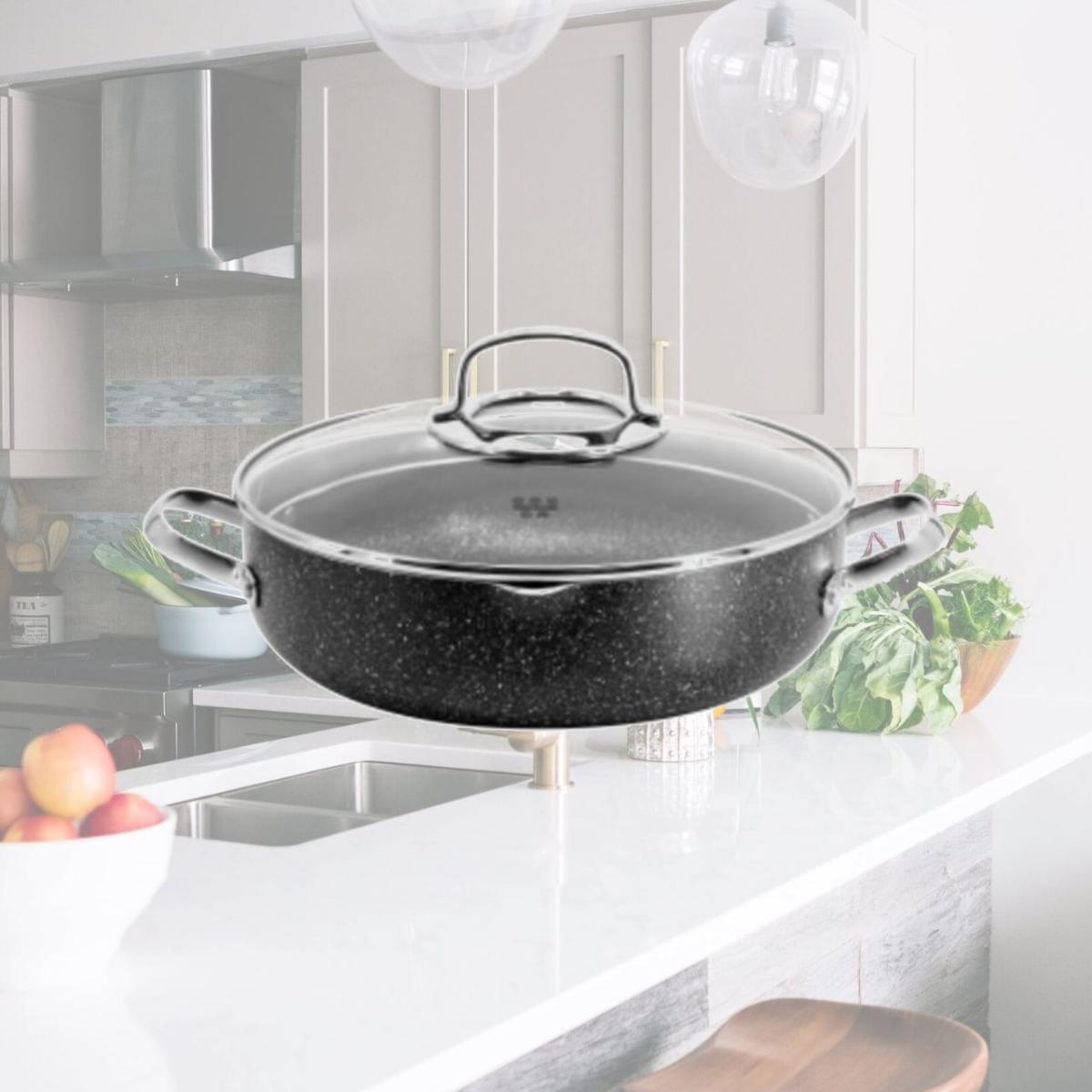 Picture of Korkmaz A2958 11 in. 4.5 Liter Galaksi Non Stick Low Casserole with Lid, Black