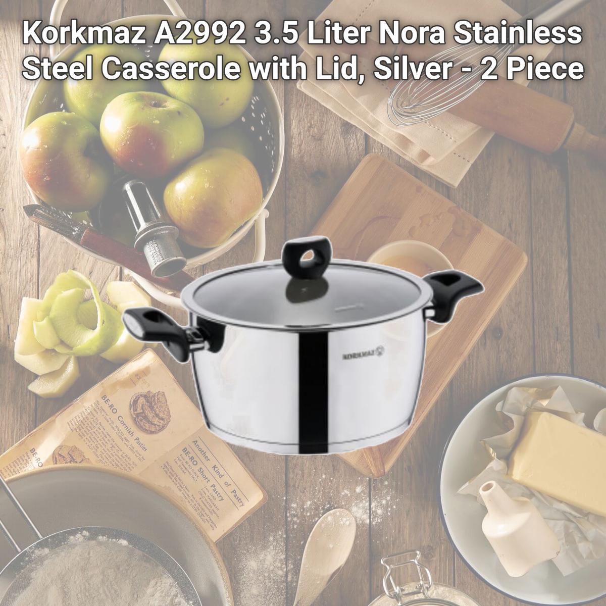 Picture of Korkmaz A2992 3.5 Liter Nora Stainless Steel Casserole with Lid, Silver - 2 Piece