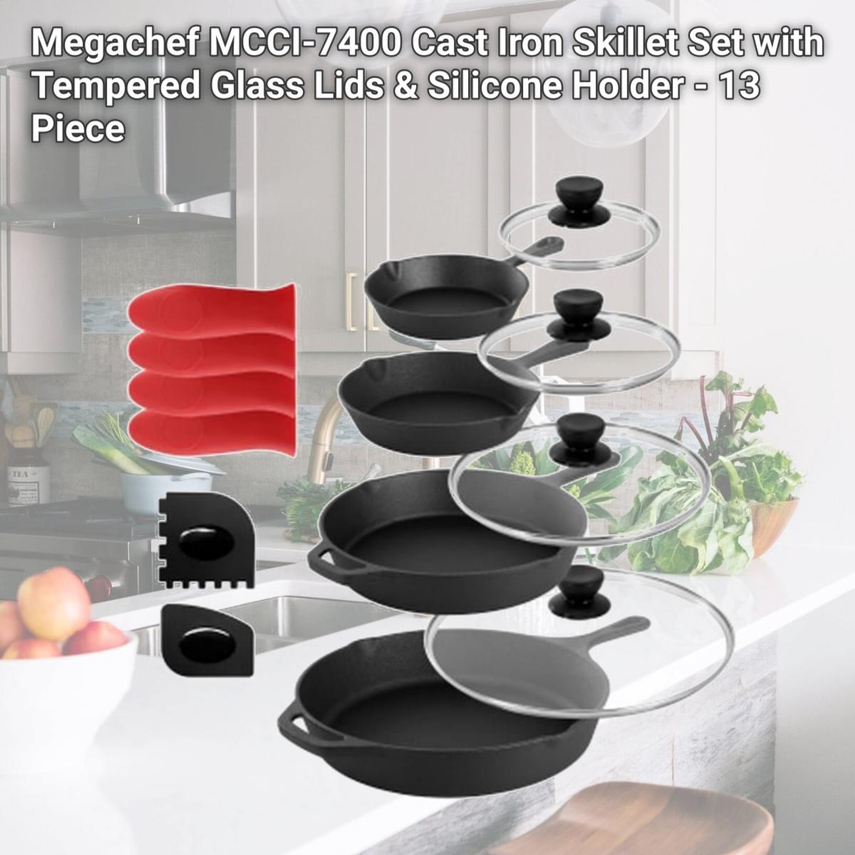 Picture of Megachef MCCI-7400 Cast Iron Skillet Set with Tempered Glass Lids & Silicone Holder - 13 Piece