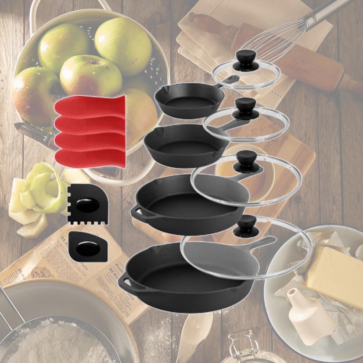 Picture of Megachef MCCI-7400 Cast Iron Skillet Set with Tempered Glass Lids & Silicone Holder - 13 Piece