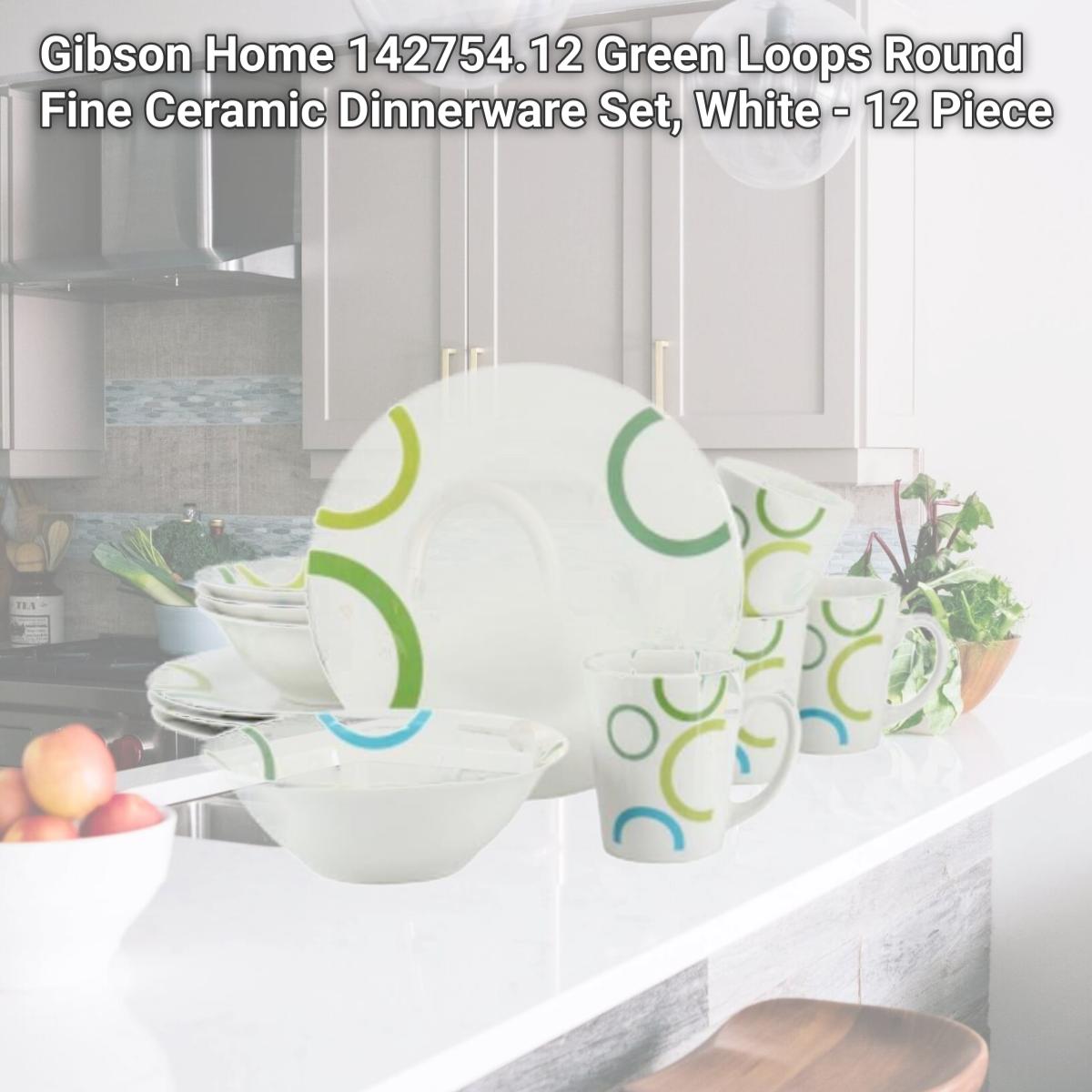 Picture of Gibson Home 142754.12 Green Loops Round Fine Ceramic Dinnerware Set, White - 12 Piece