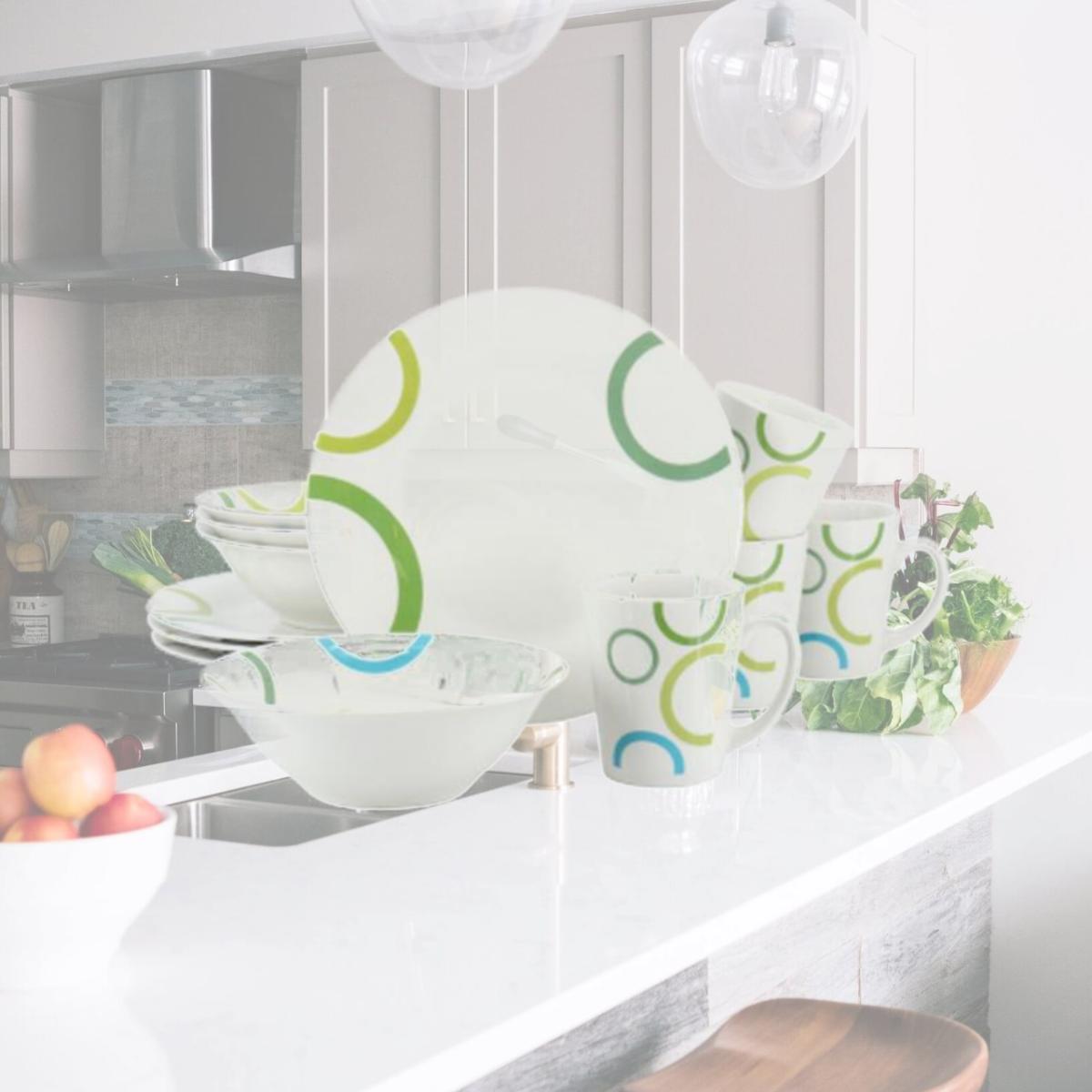 Picture of Gibson Home 142754.12 Green Loops Round Fine Ceramic Dinnerware Set, White - 12 Piece