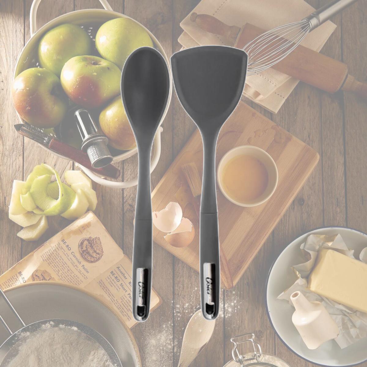 Picture of Oster 143732.02 Ridgecrest Silicone Kitchen Tool Serving Spoon & Turner Set, Grey - 2 Piece