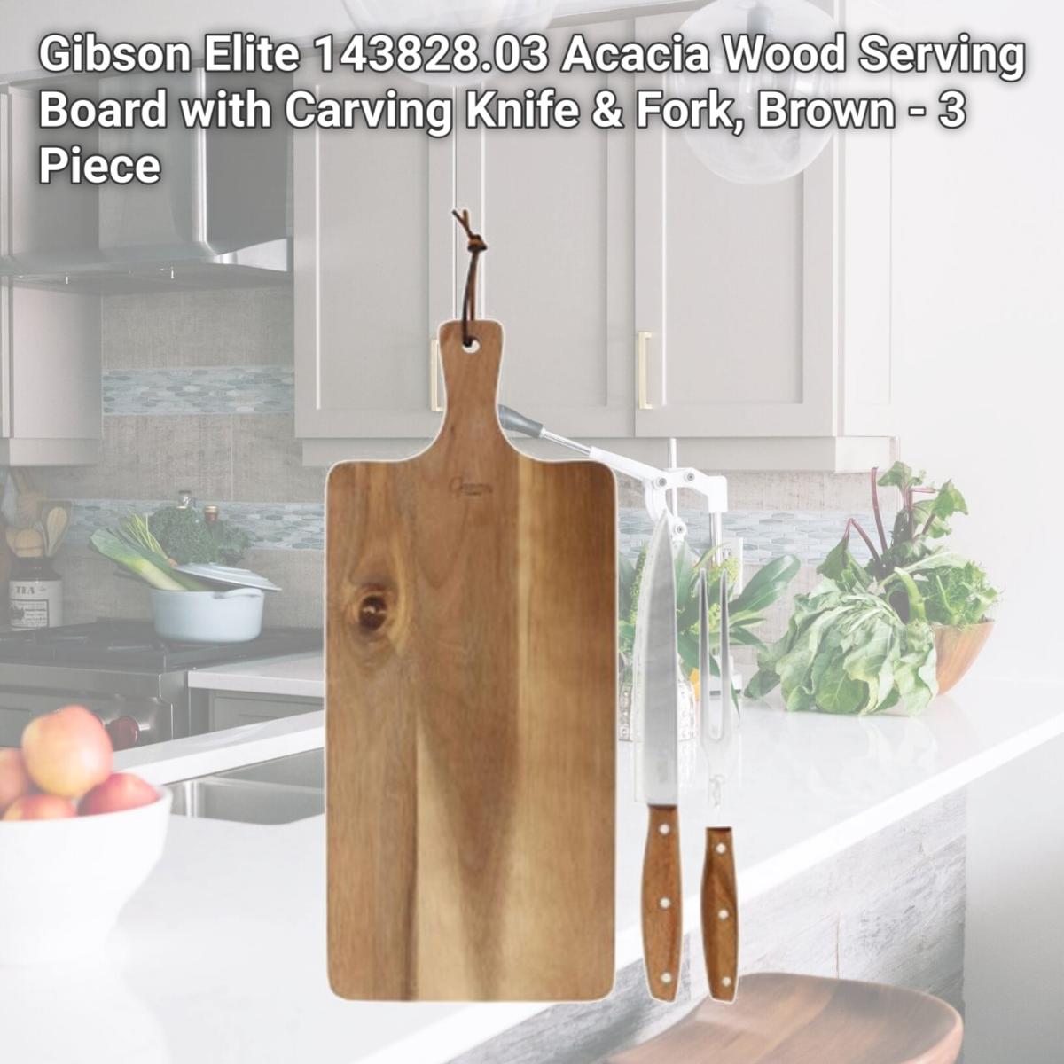 Picture of Gibson Elite 143828.03 Acacia Wood Serving Board with Carving Knife & Fork, Brown - 3 Piece