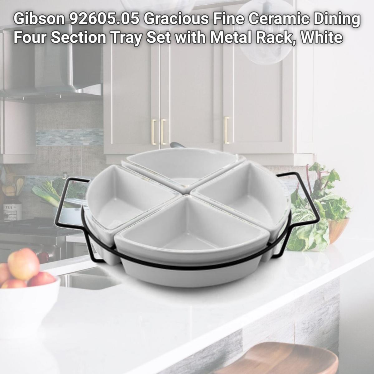 Picture of Gibson 92605.05 Gracious Fine Ceramic Dining Four Section Tray Set with Metal Rack, White