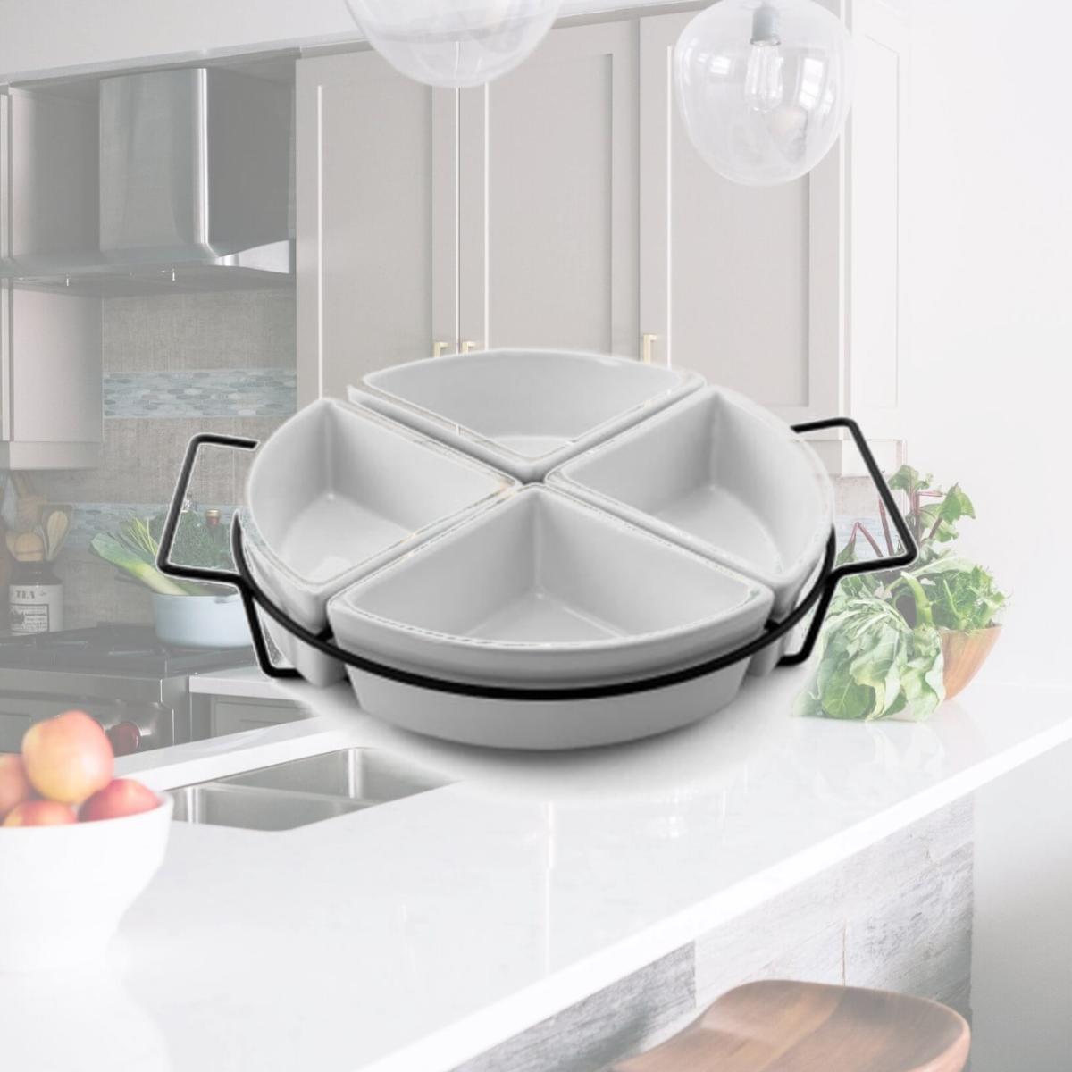 Picture of Gibson 92605.05 Gracious Fine Ceramic Dining Four Section Tray Set with Metal Rack, White