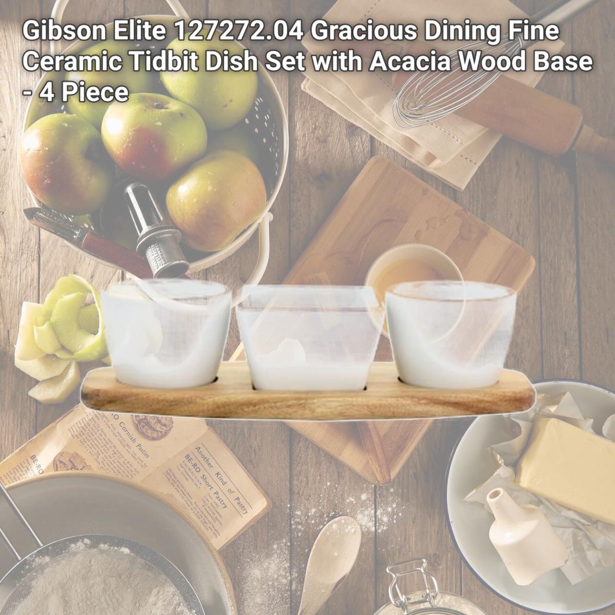 Picture of Gibson Elite 127272.04 Gracious Dining Fine Ceramic Tidbit Dish Set with Acacia Wood Base - 4 Piece