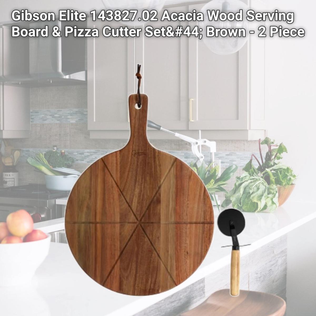 Picture of Gibson Elite 143827.02 Acacia Wood Serving Board & Pizza Cutter Set, Brown - 2 Piece