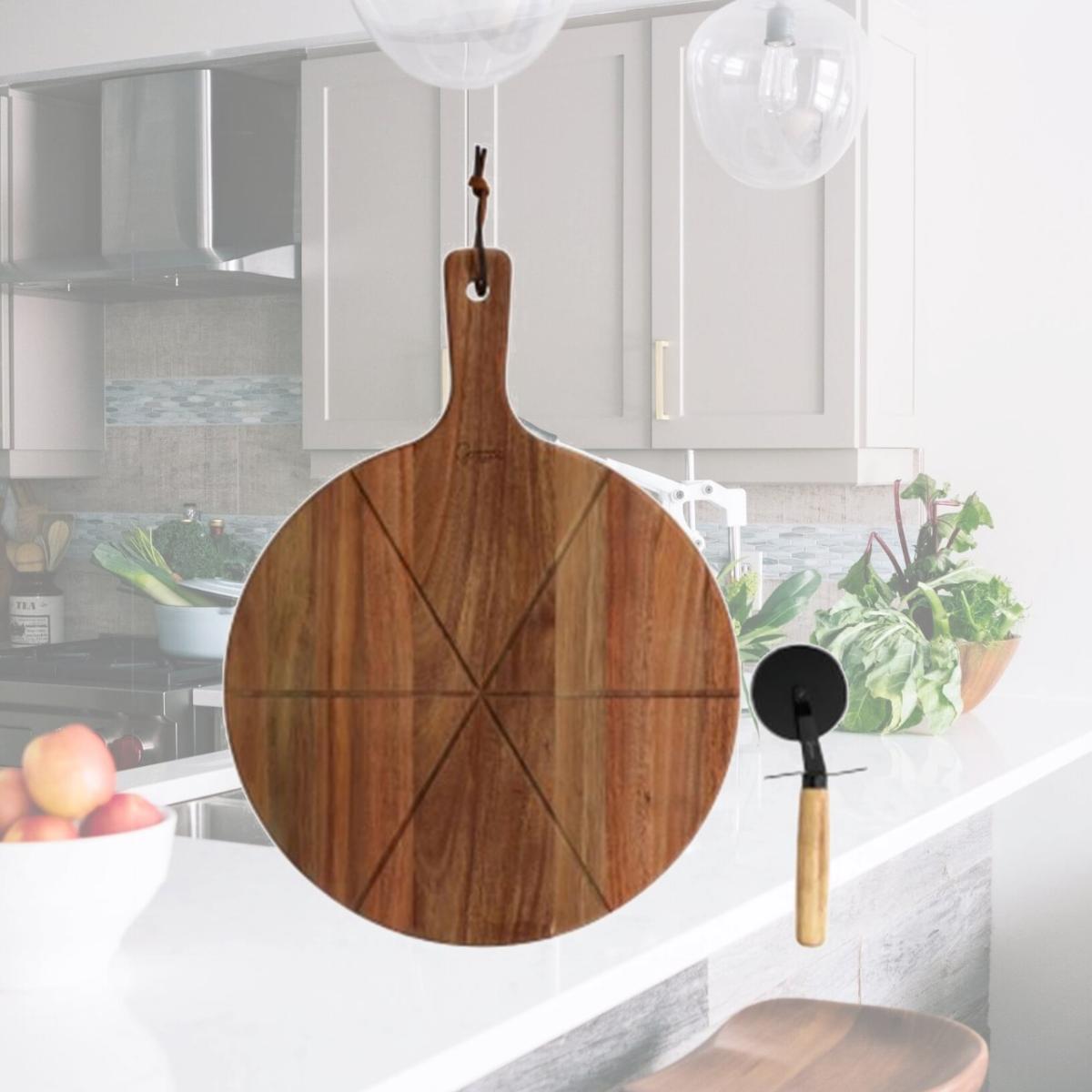 Picture of Gibson Elite 143827.02 Acacia Wood Serving Board & Pizza Cutter Set, Brown - 2 Piece