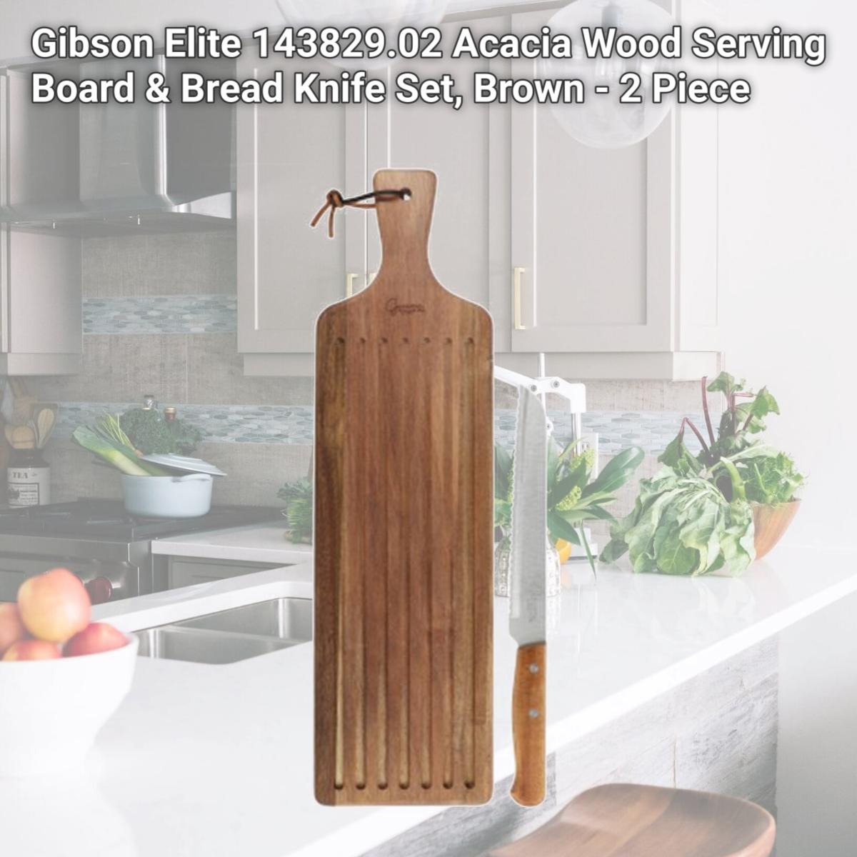 Picture of Gibson Elite 143829.02 Acacia Wood Serving Board & Bread Knife Set, Brown - 2 Piece