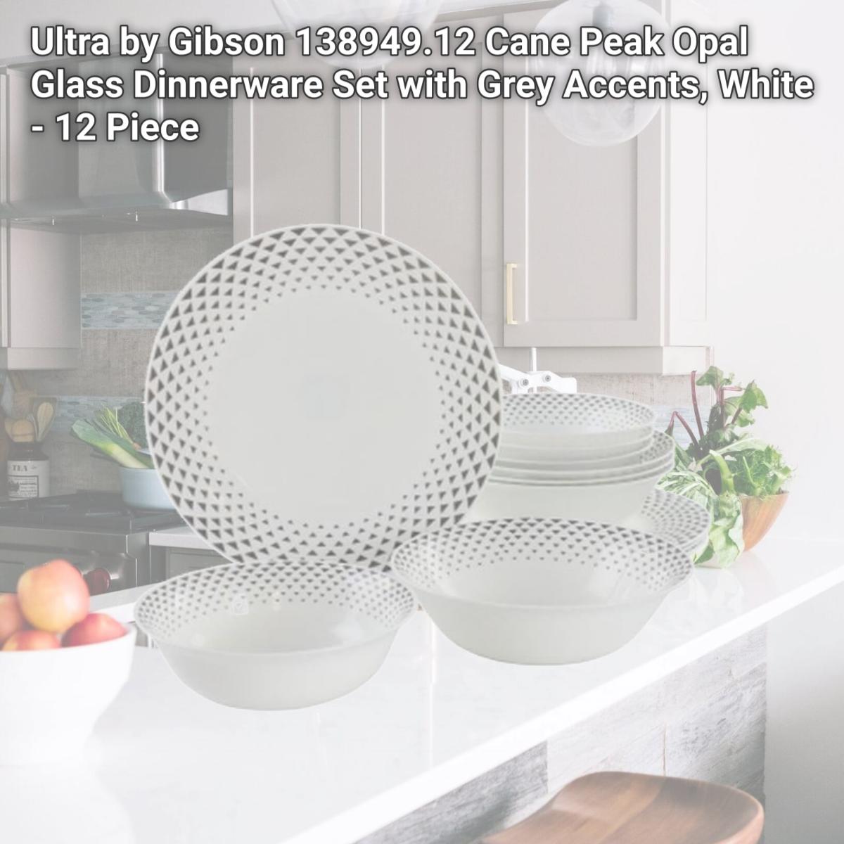 Picture of Ultra by Gibson 138949.12 Cane Peak Opal Glass Dinnerware Set with Grey Accents, White - 12 Piece