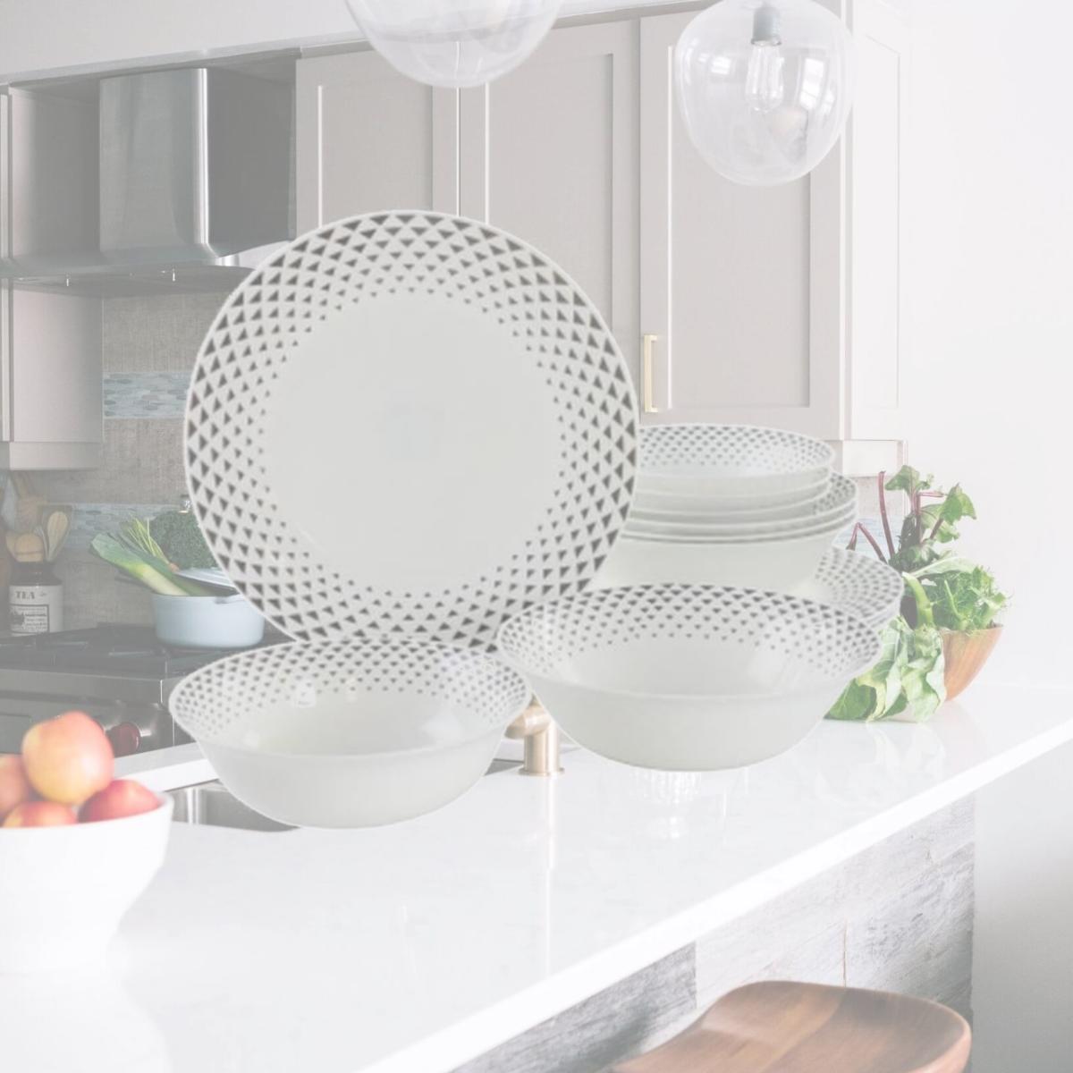 Picture of Ultra by Gibson 138949.12 Cane Peak Opal Glass Dinnerware Set with Grey Accents, White - 12 Piece