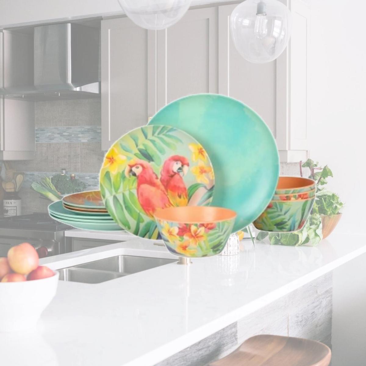 Picture of Laurie Gates 136568.12 Tropical Parrots Melamine Dinnerware Set, Assorted Design - 12 Piece