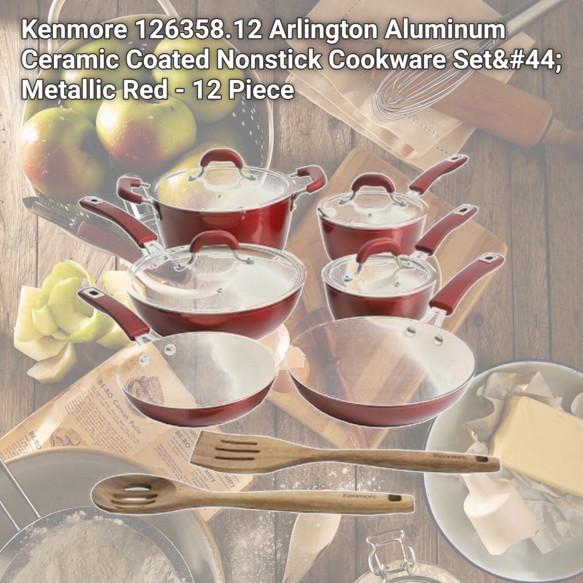 Picture of Kenmore 126358.12 Arlington Aluminum Ceramic Coated Nonstick Cookware Set, Metallic Red - 12 Piece