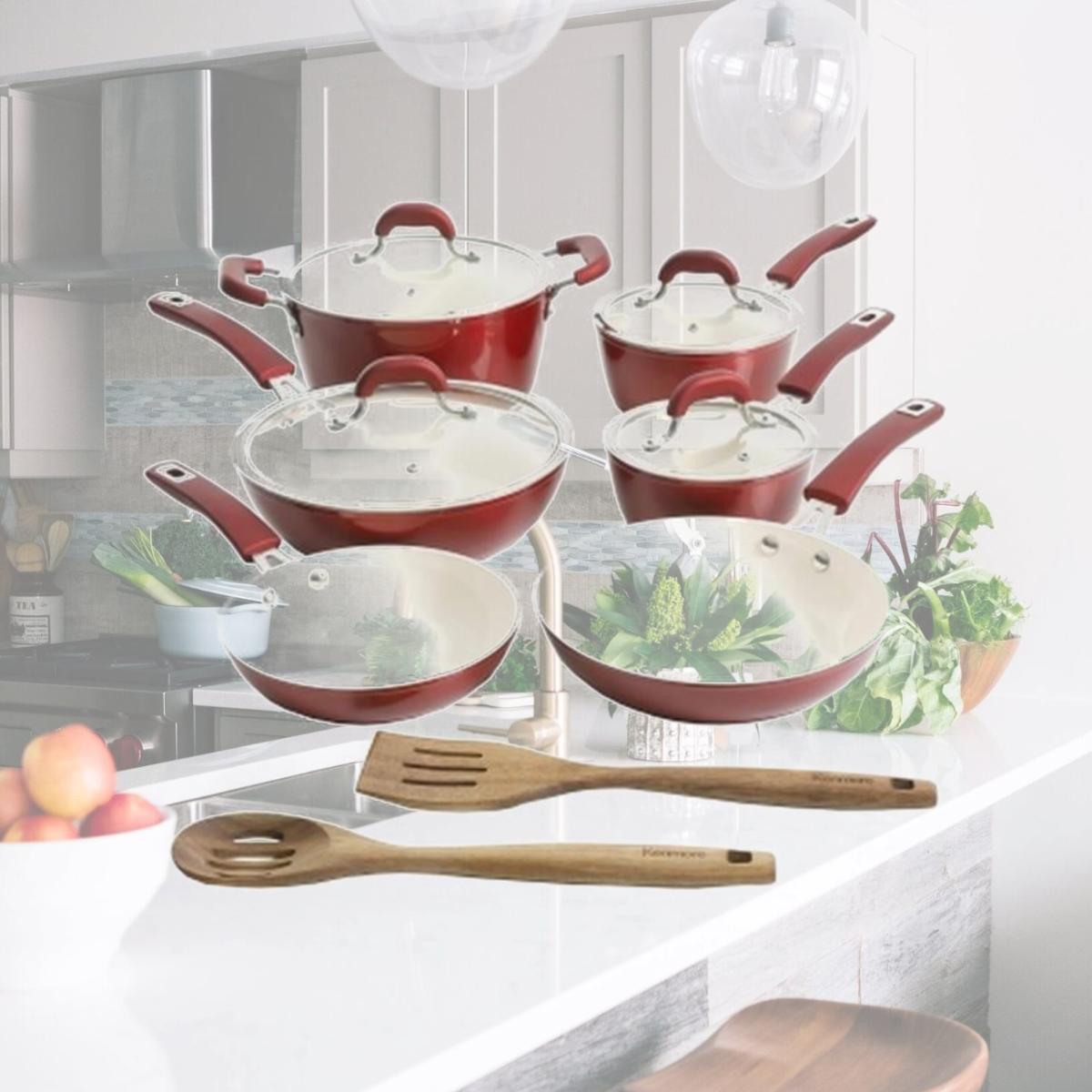 Picture of Kenmore 126358.12 Arlington Aluminum Ceramic Coated Nonstick Cookware Set, Metallic Red - 12 Piece