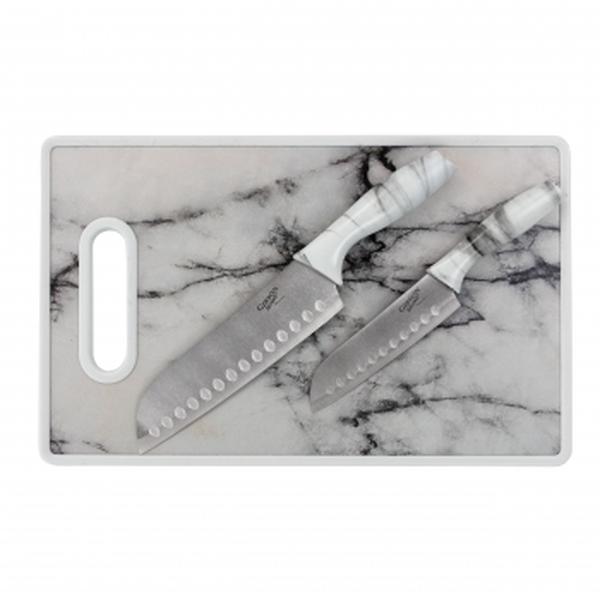 127587.03 Beaumont Stainless Steel Santoku Knife Set with Cutting Board, White Marble - 3 Piece