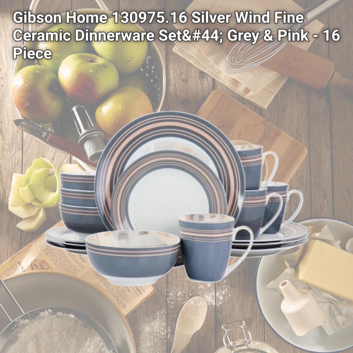 Picture of Gibson Home 130975.16 Silver Wind Fine Ceramic Dinnerware Set, Grey & Pink - 16 Piece
