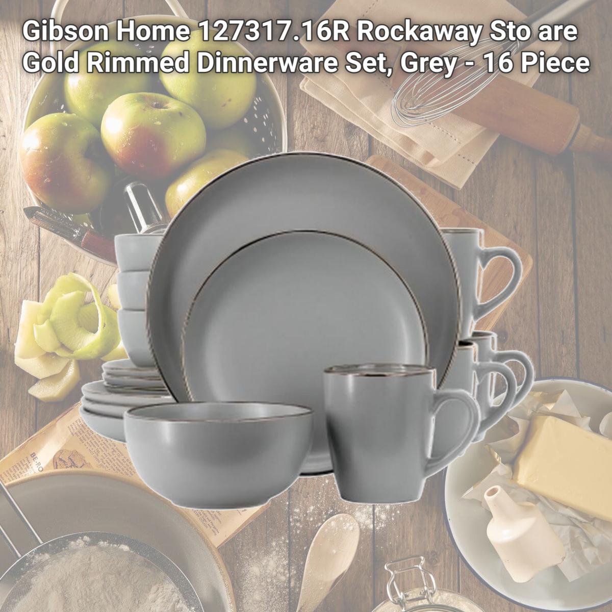 Picture of Gibson Home 127317.16R Rockaway Sto are Gold Rimmed Dinnerware Set, Grey - 16 Piece