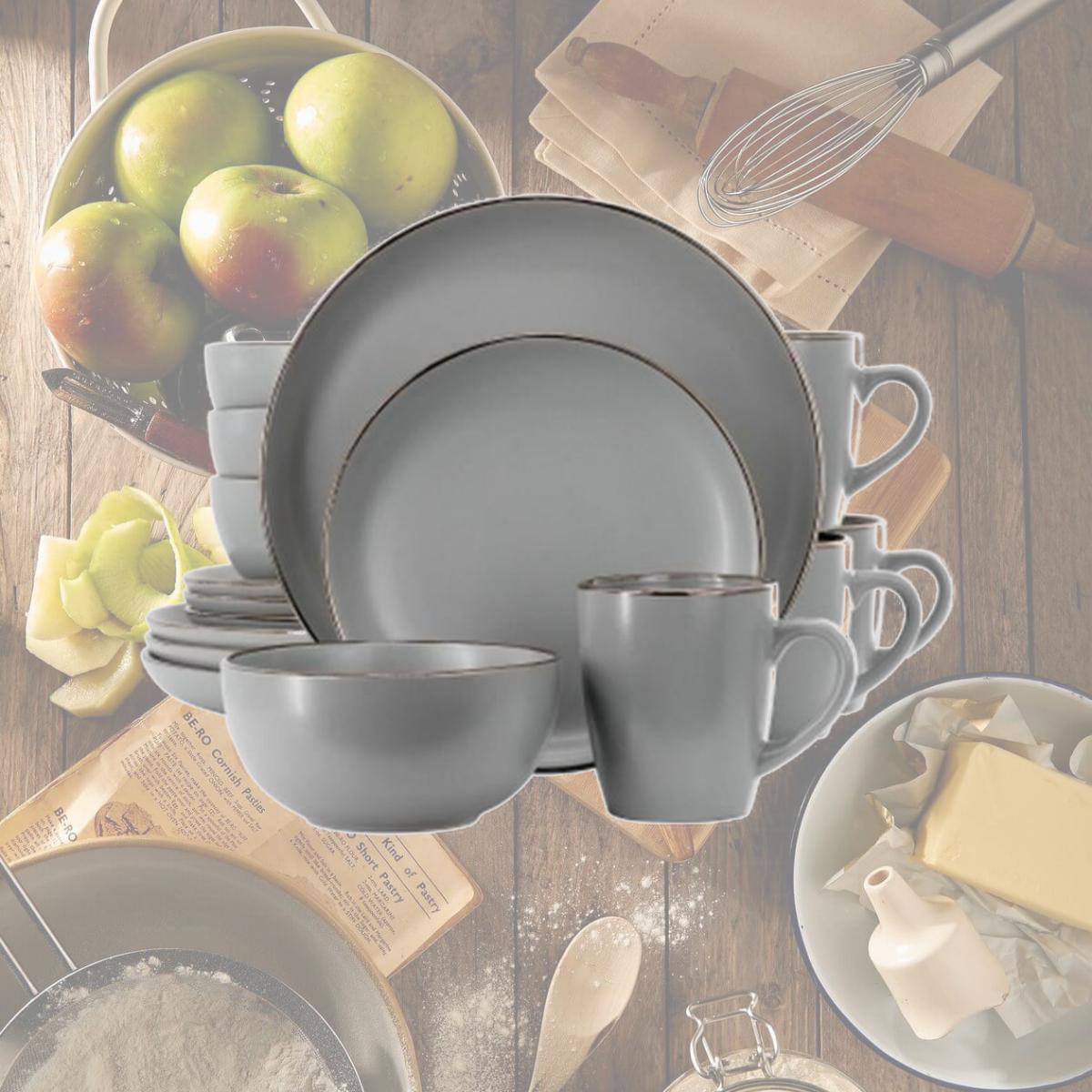 Picture of Gibson Home 127317.16R Rockaway Sto are Gold Rimmed Dinnerware Set, Grey - 16 Piece