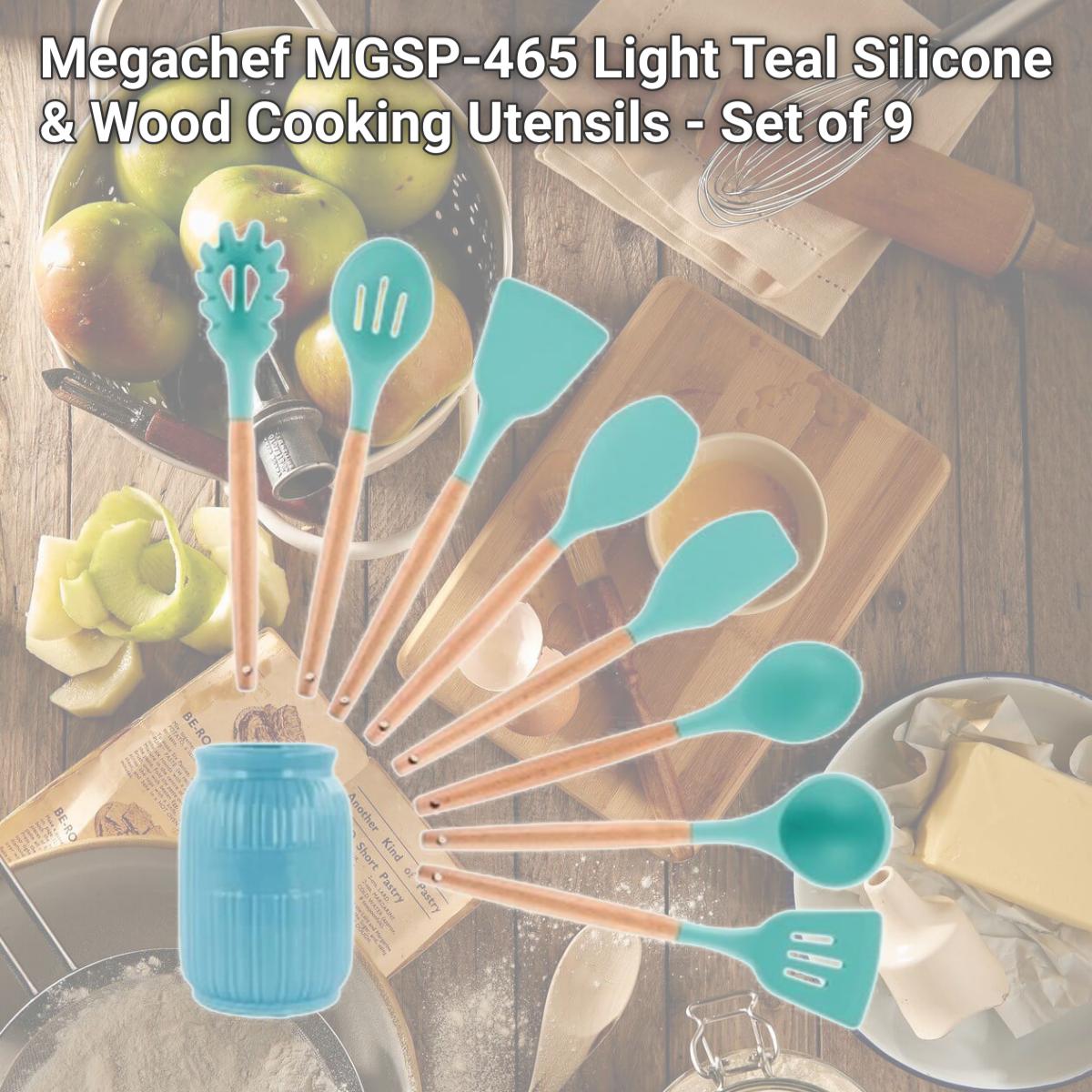 Picture of Megachef MGSP-465 Light Teal Silicone & Wood Cooking Utensils - Set of 9