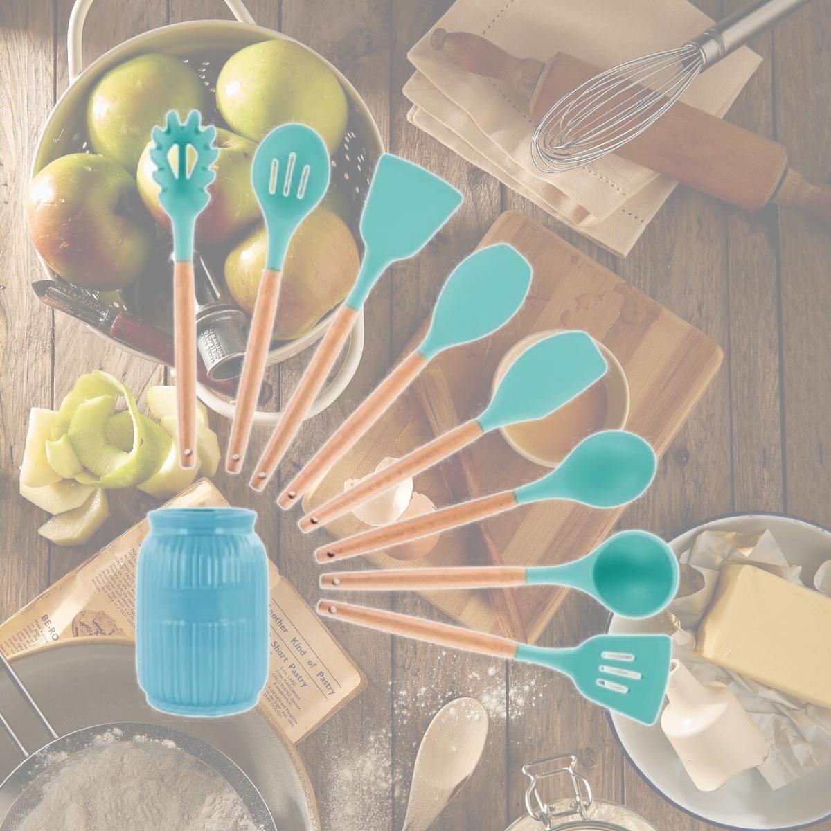 Picture of Megachef MGSP-465 Light Teal Silicone & Wood Cooking Utensils - Set of 9