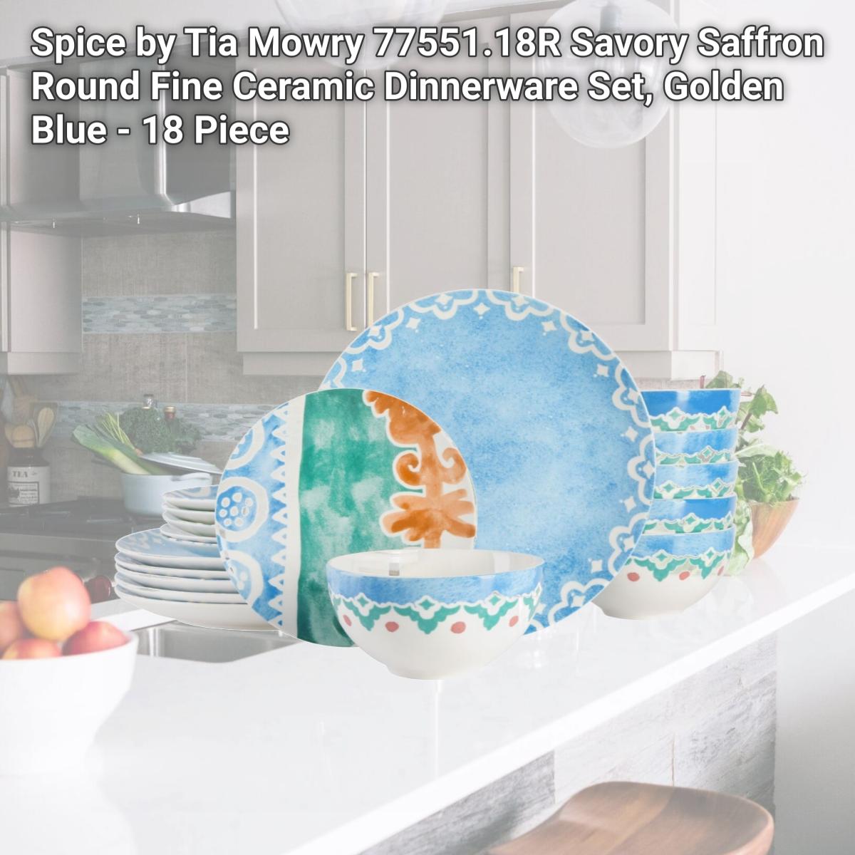 Picture of Spice by Tia Mowry 77551.18R Savory Saffron Round Fine Ceramic Dinnerware Set, Golden Blue - 18 Piece