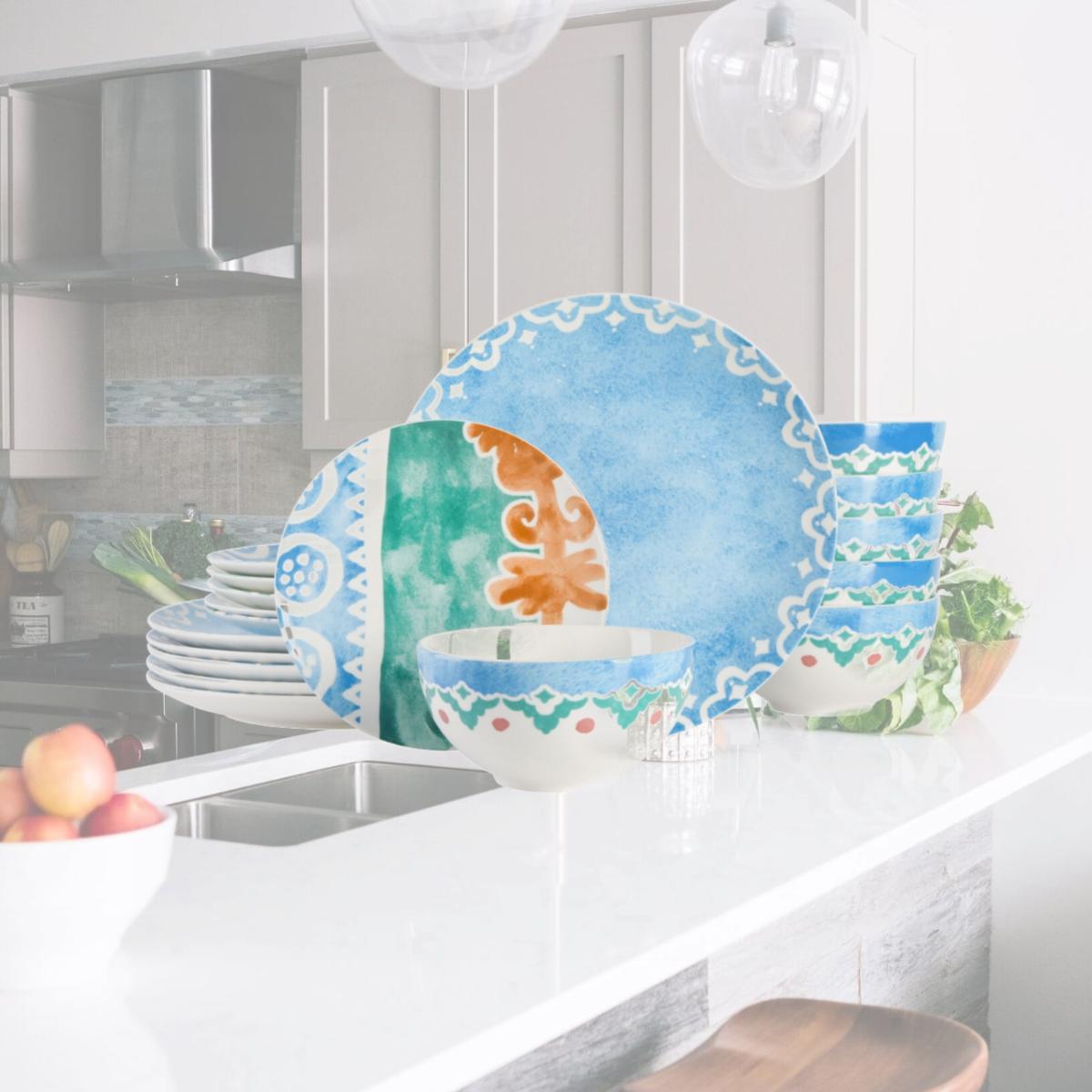 Picture of Spice by Tia Mowry 77551.18R Savory Saffron Round Fine Ceramic Dinnerware Set, Golden Blue - 18 Piece