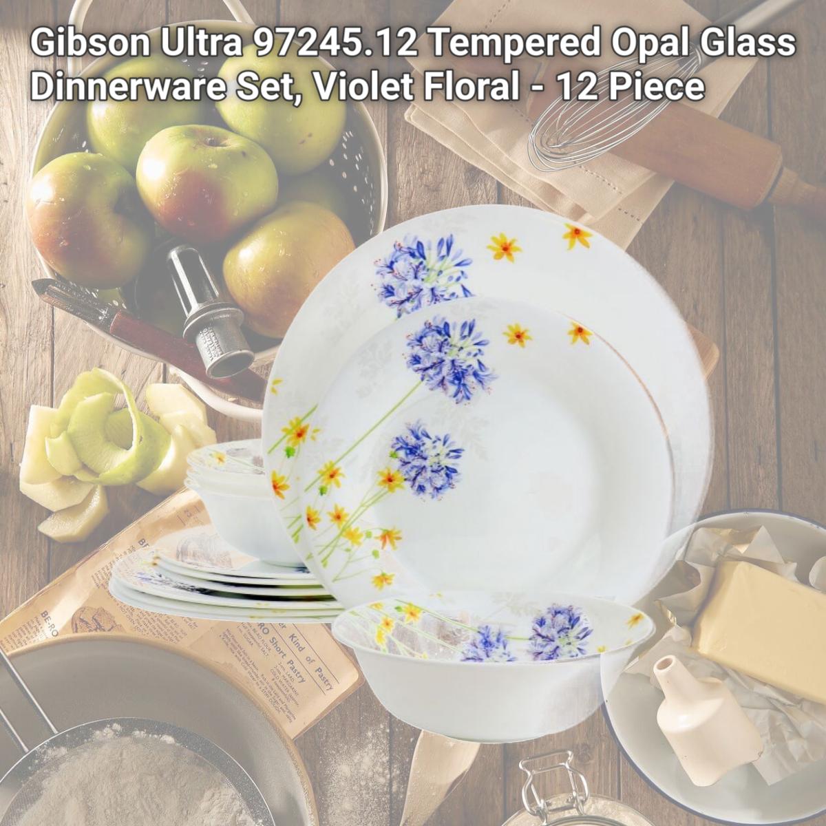 Picture of Gibson Ultra 97245.12 Tempered Opal Glass Dinnerware Set, Violet Floral - 12 Piece