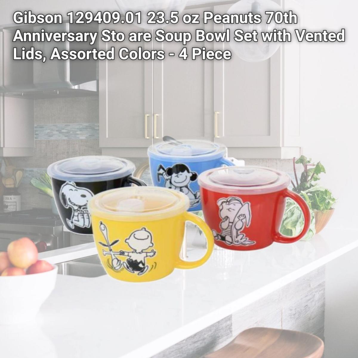 Picture of Gibson 129409.01 23.5 oz Peanuts 70th Anniversary Sto are Soup Bowl Set with Vented Lids, Assorted Colors - 4 Piece