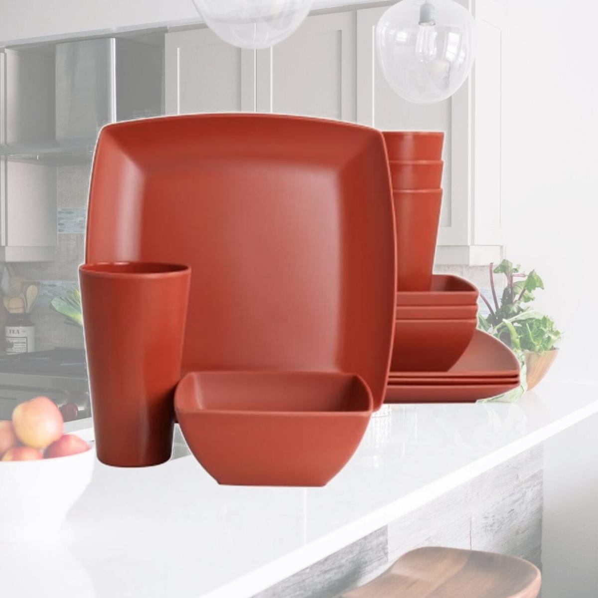 Picture of Gibson Home 134048.12 Greyson Melamine Square Dinnerware Set, Orange - 12 Piece