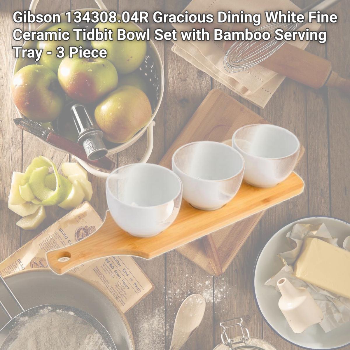 Picture of Gibson 134308.04R Gracious Dining White Fine Ceramic Tidbit Bowl Set with Bamboo Serving Tray - 3 Piece