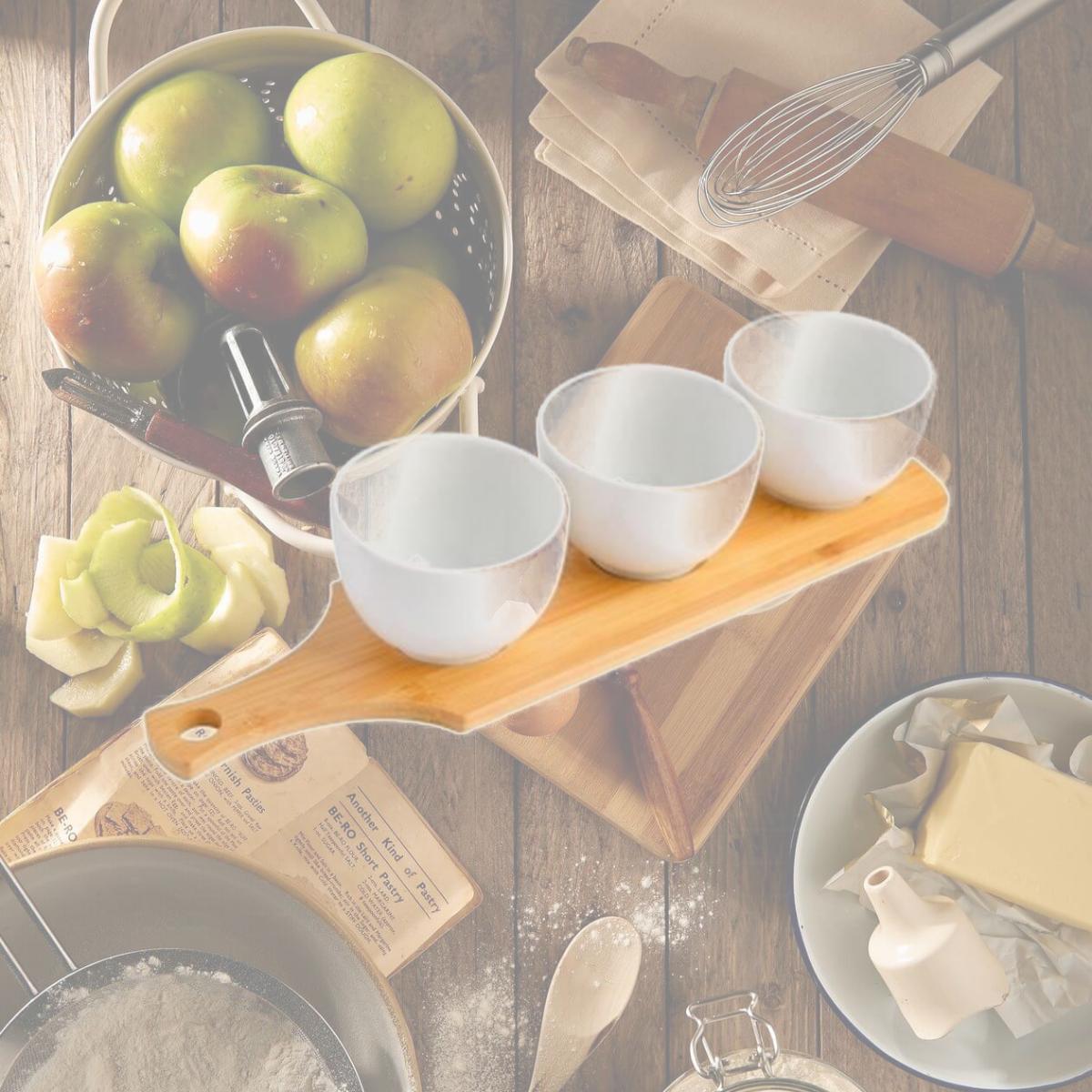 Picture of Gibson 134308.04R Gracious Dining White Fine Ceramic Tidbit Bowl Set with Bamboo Serving Tray - 3 Piece