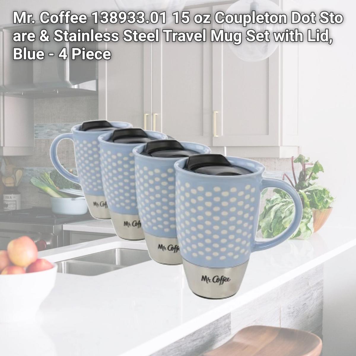 Picture of Mr. Coffee 138933.01 15 oz Coupleton Dot Sto are & Stainless Steel Travel Mug Set with Lid, Blue - 4 Piece