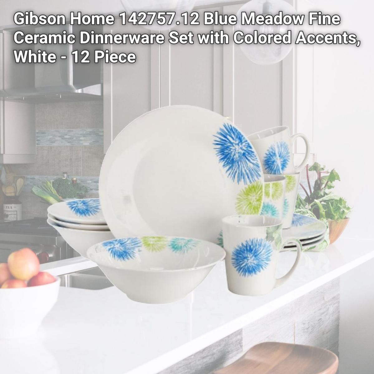 Picture of Gibson Home 142757.12 Blue Meadow Fine Ceramic Dinnerware Set with Colored Accents, White - 12 Piece