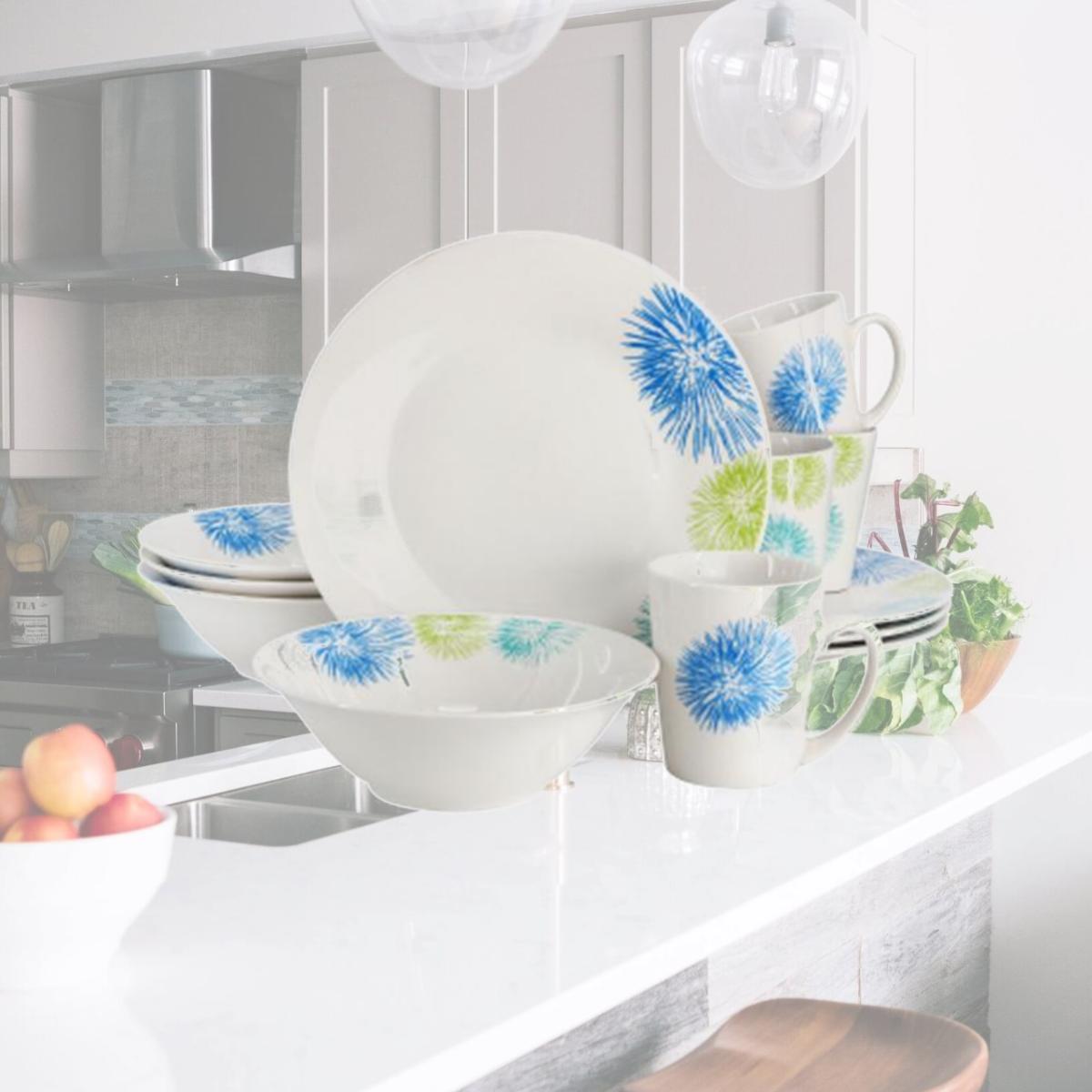 Picture of Gibson Home 142757.12 Blue Meadow Fine Ceramic Dinnerware Set with Colored Accents, White - 12 Piece