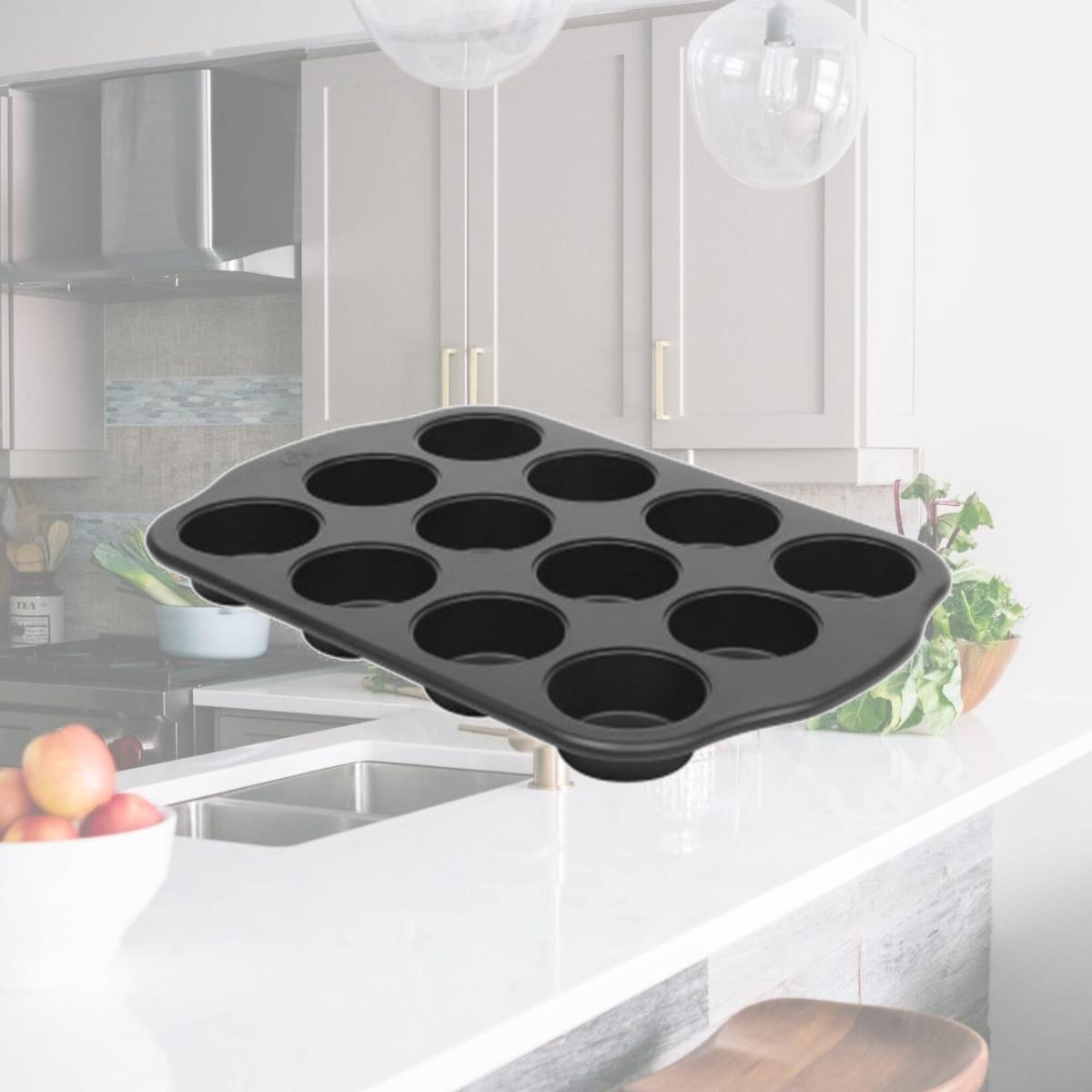 Picture of Oster 143744.01 Teston Platinum Collection Nonstick Carbon Steel Muffin Pan, Matte Black - 12 Cup